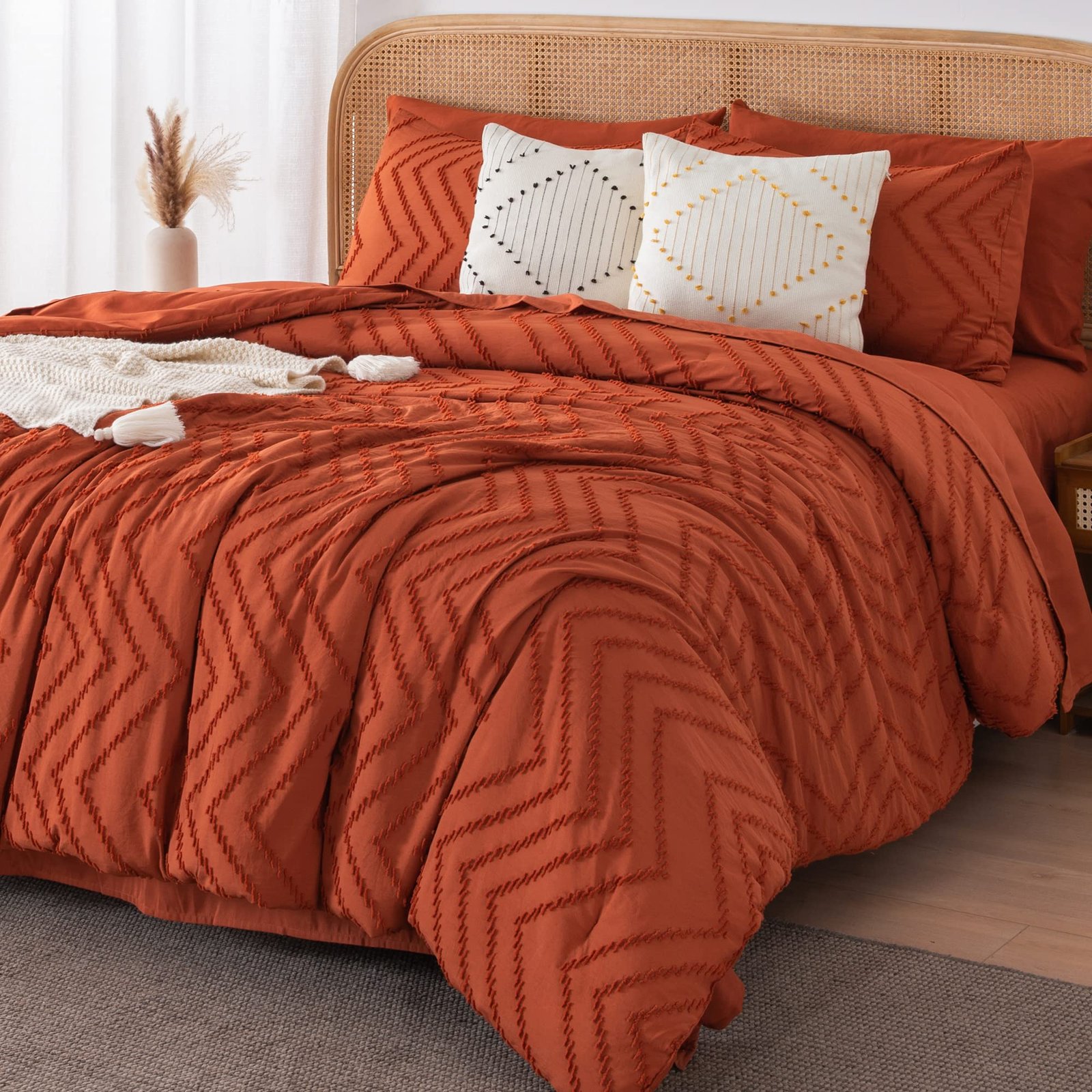 TODD GRIMES King Size Comforter Set with Sheets Beige - 7 Pieces Bed in a Bag King Chevron Tufted Boho Luxury Bedding Sets with Comforter, Sheets, Pillowcases & Shams - Image 14