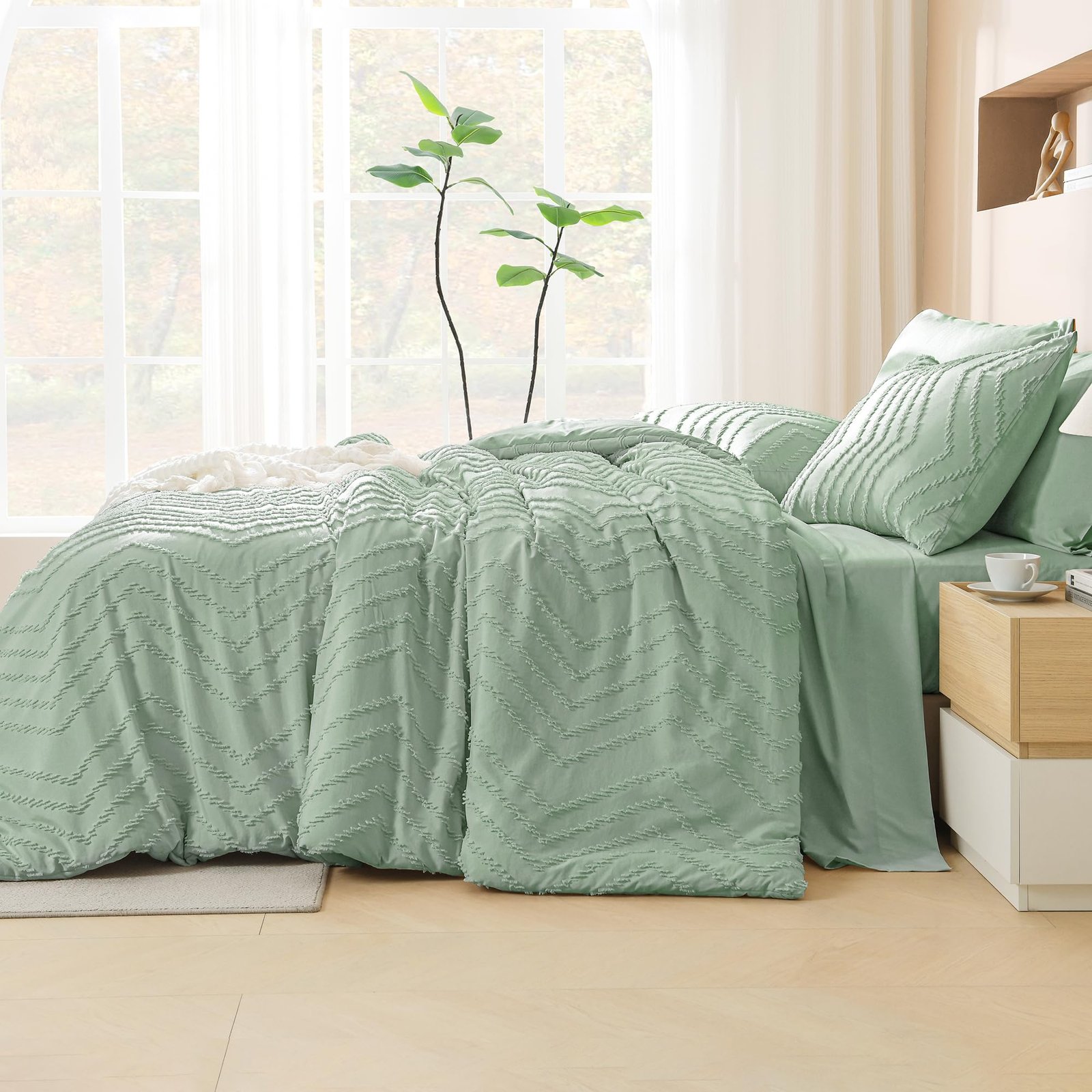 TODD GRIMES King Size Comforter Set with Sheets Beige - 7 Pieces Bed in a Bag King Chevron Tufted Boho Luxury Bedding Sets with Comforter, Sheets, Pillowcases & Shams - Image 82