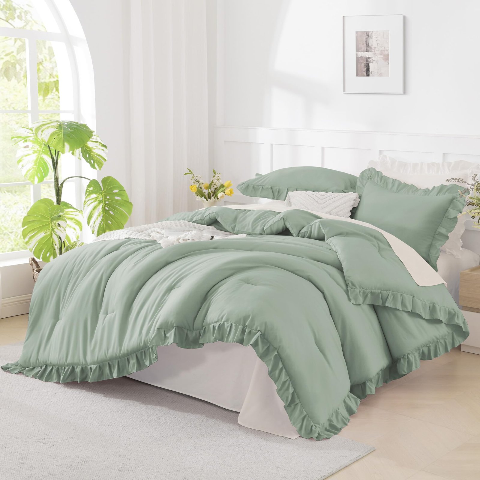 TODD GRIMES White Comforter Queen Size, 3 Pieces Ruffle Shabby Chic Farmhouse Queen Comforter Sets, All Season Lightweight Fluffy Room Decor Bed Set for Girls Women Teens Gift Choice - Image 20