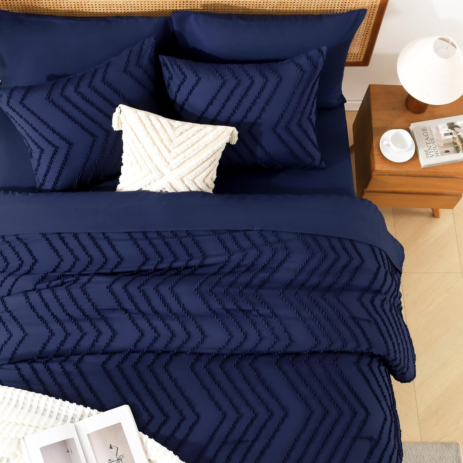 TODD GRIMES King Size Comforter Set with Sheets Beige - 7 Pieces Bed in a Bag King Chevron Tufted Boho Luxury Bedding Sets with Comforter, Sheets, Pillowcases & Shams - Image 36