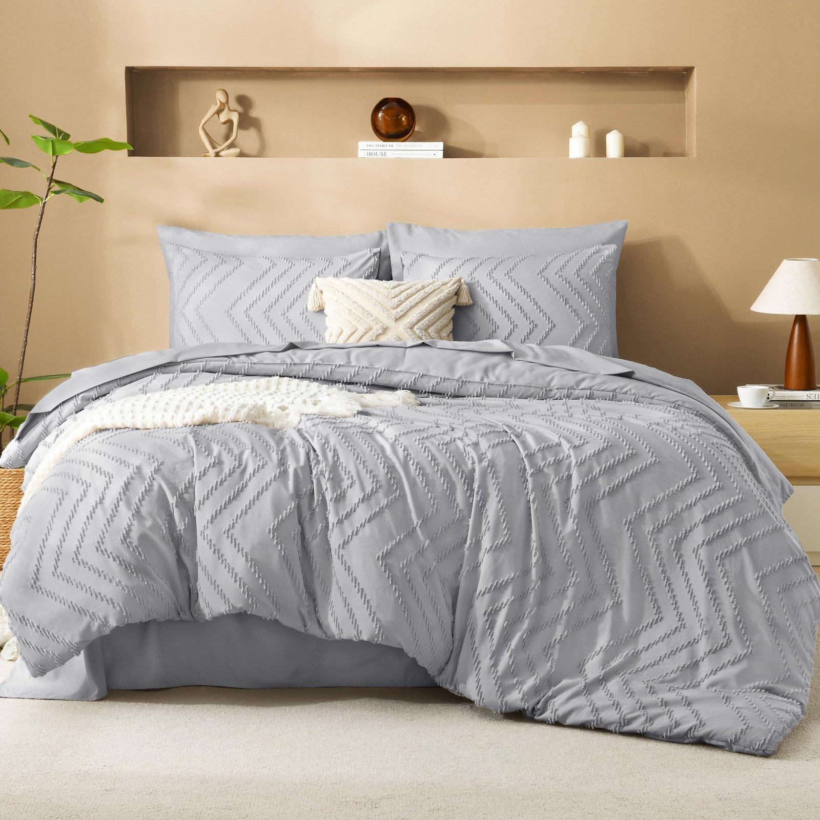 TODD GRIMES King Size Comforter Set with Sheets Beige - 7 Pieces Bed in a Bag King Chevron Tufted Boho Luxury Bedding Sets with Comforter, Sheets, Pillowcases & Shams - Image 73