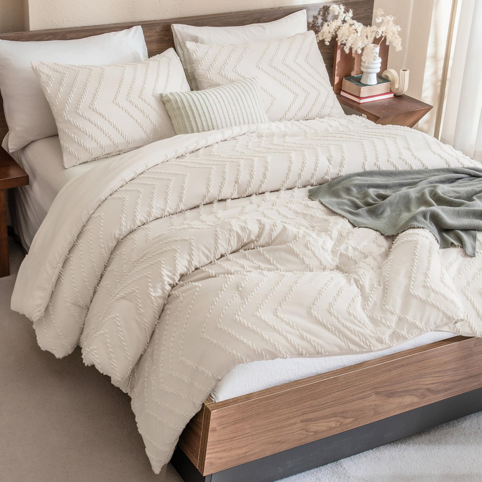 TODD GRIMES King Size Comforter Set Beige, Boho Cream Soft Warm Tufted Neutral Bedding Comforter Sets for King Size Bed, 3 Pieces Aesthetic Chevron Farmhouse Cute Bohemian Textured Bedding Set - Image 15