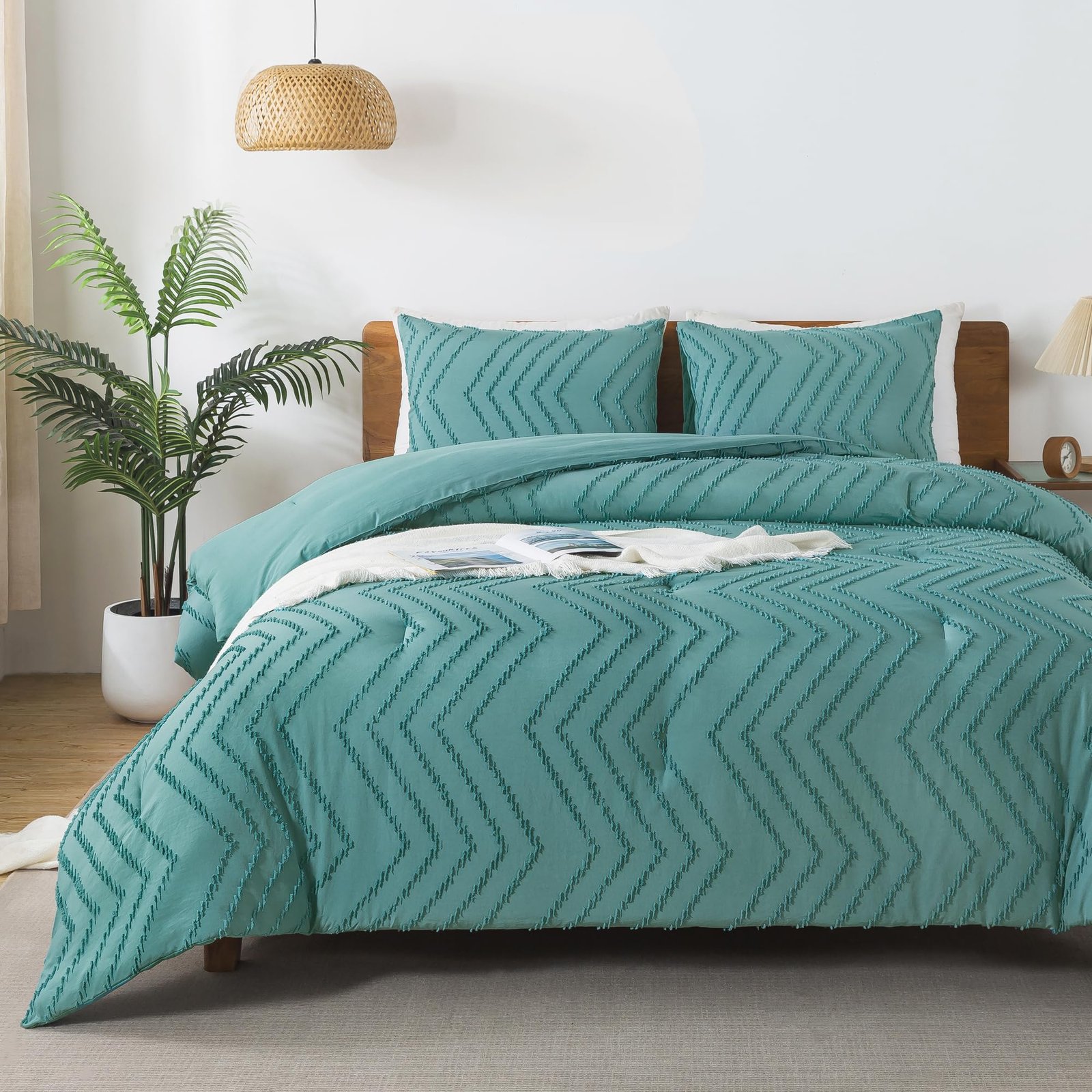 TODD GRIMES King Size Comforter Set Beige, Boho Cream Soft Warm Tufted Neutral Bedding Comforter Sets for King Size Bed, 3 Pieces Aesthetic Chevron Farmhouse Cute Bohemian Textured Bedding Set - Image 14