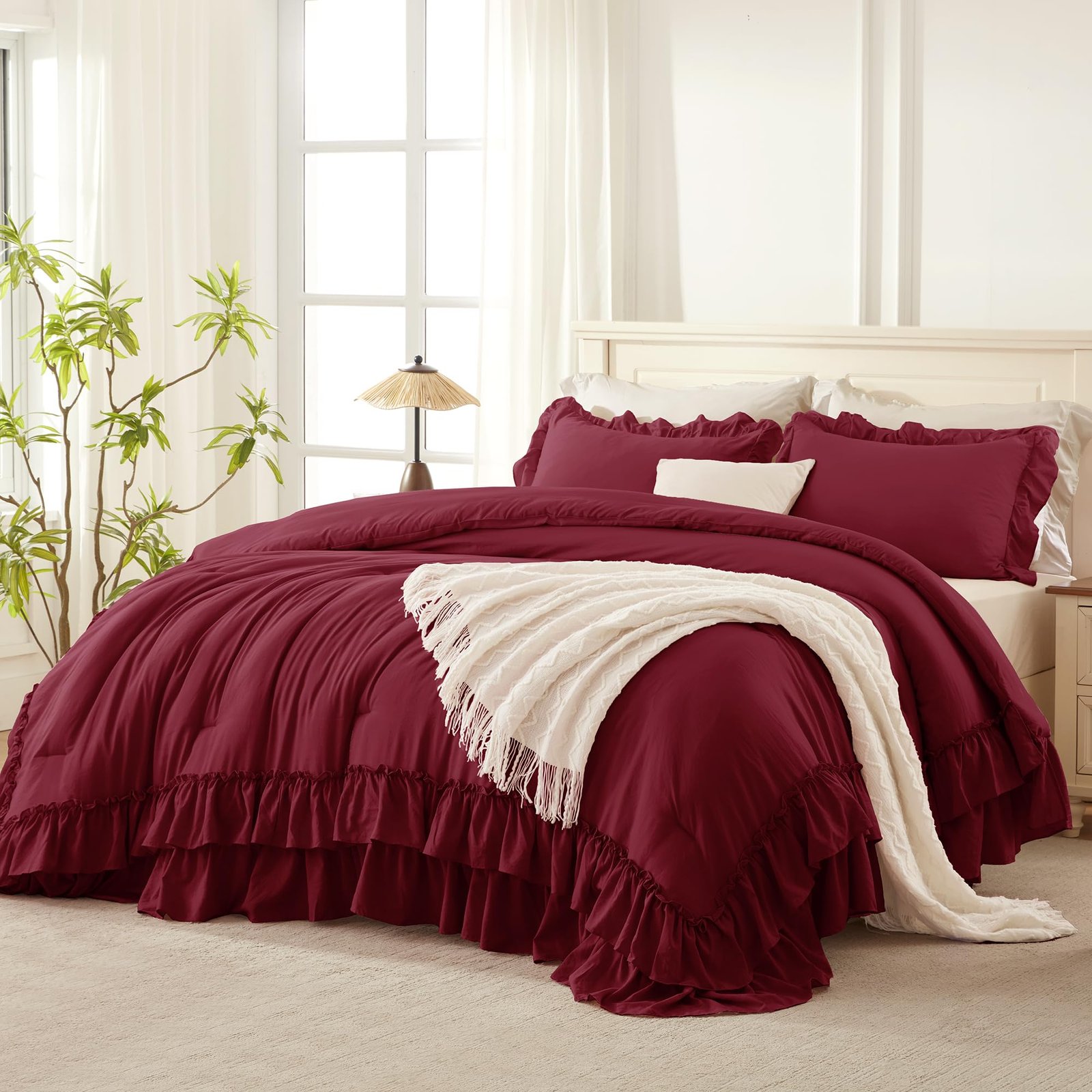 TODD GRIMES White Comforter Set Queen Size, Lightweight Fluffy Farmhouse White Ruffle Bedding Set, Soft Microfiber All Season Shabby Chic Bed Comforter Set 3 Pieces(1 Ruffle Comforter 2 Pillowcases) - Image 13
