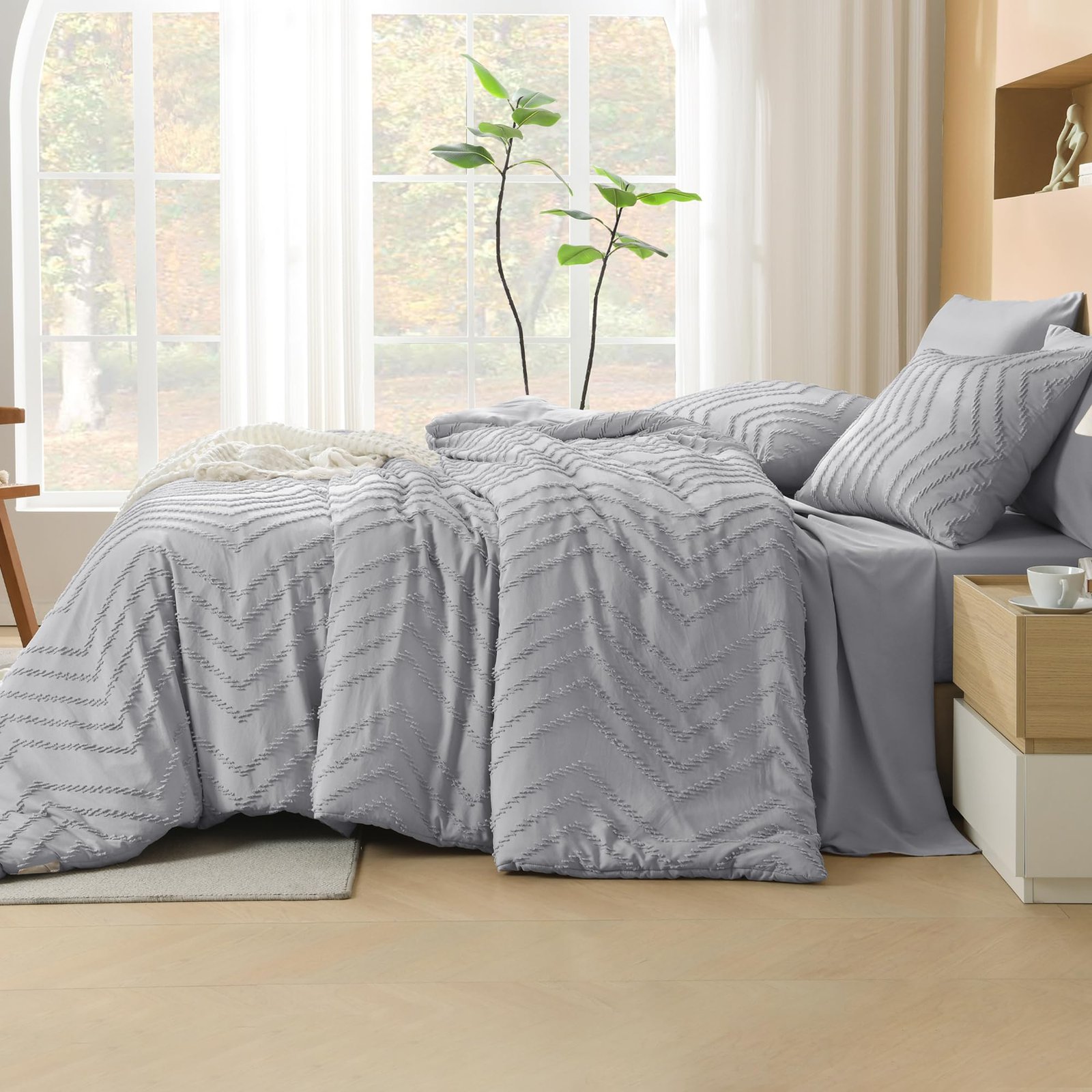 TODD GRIMES King Size Comforter Set with Sheets Beige - 7 Pieces Bed in a Bag King Chevron Tufted Boho Luxury Bedding Sets with Comforter, Sheets, Pillowcases & Shams - Image 112