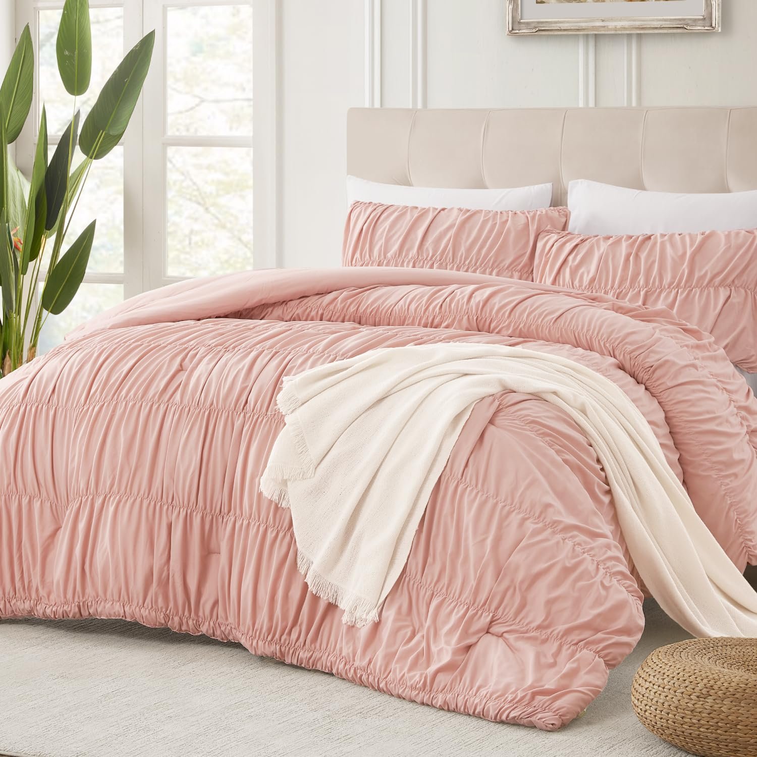TODD GRIMES Ruched Beige Queen Comforter Set, Shabby Chic Pleated Bedding Sets 3 Pieces, Lightweight Soft Boho Ruffle Bed Set for Girls, Kids, Women, All Season - Image 6