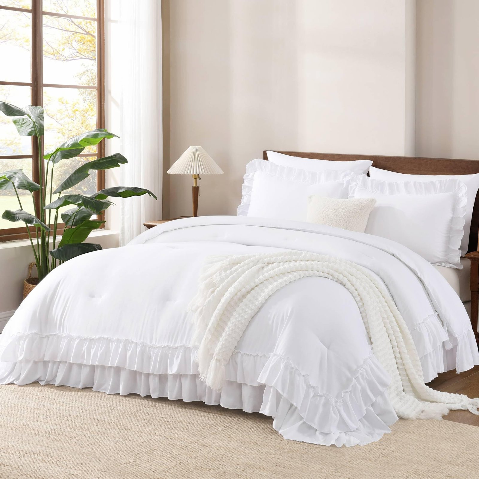 TODD GRIMES White Comforter Set Queen Size, Lightweight Fluffy Farmhouse White Ruffle Bedding Set, Soft Microfiber All Season Shabby Chic Bed Comforter Set 3 Pieces(1 Ruffle Comforter 2 Pillowcases) - Image 2