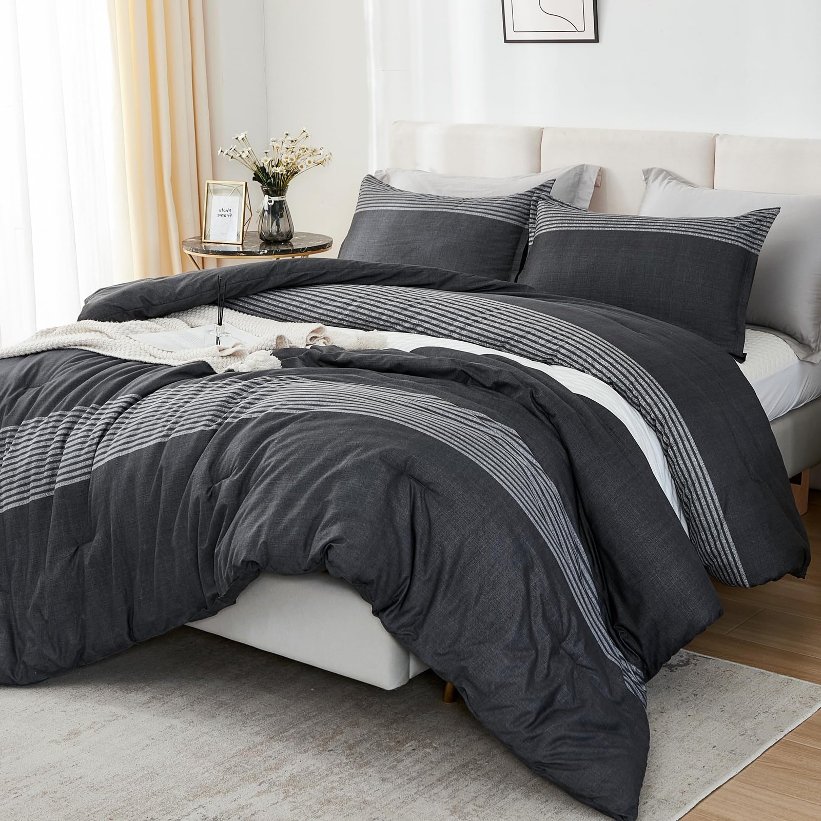 TODD GRIMES Queen Comforter Set Black White Grey - 3 Pieces Lightweight Summer Bedding Set, All Season Down Alternative Comforter (1 Comforter, 2 Pillowcases) - Image 21