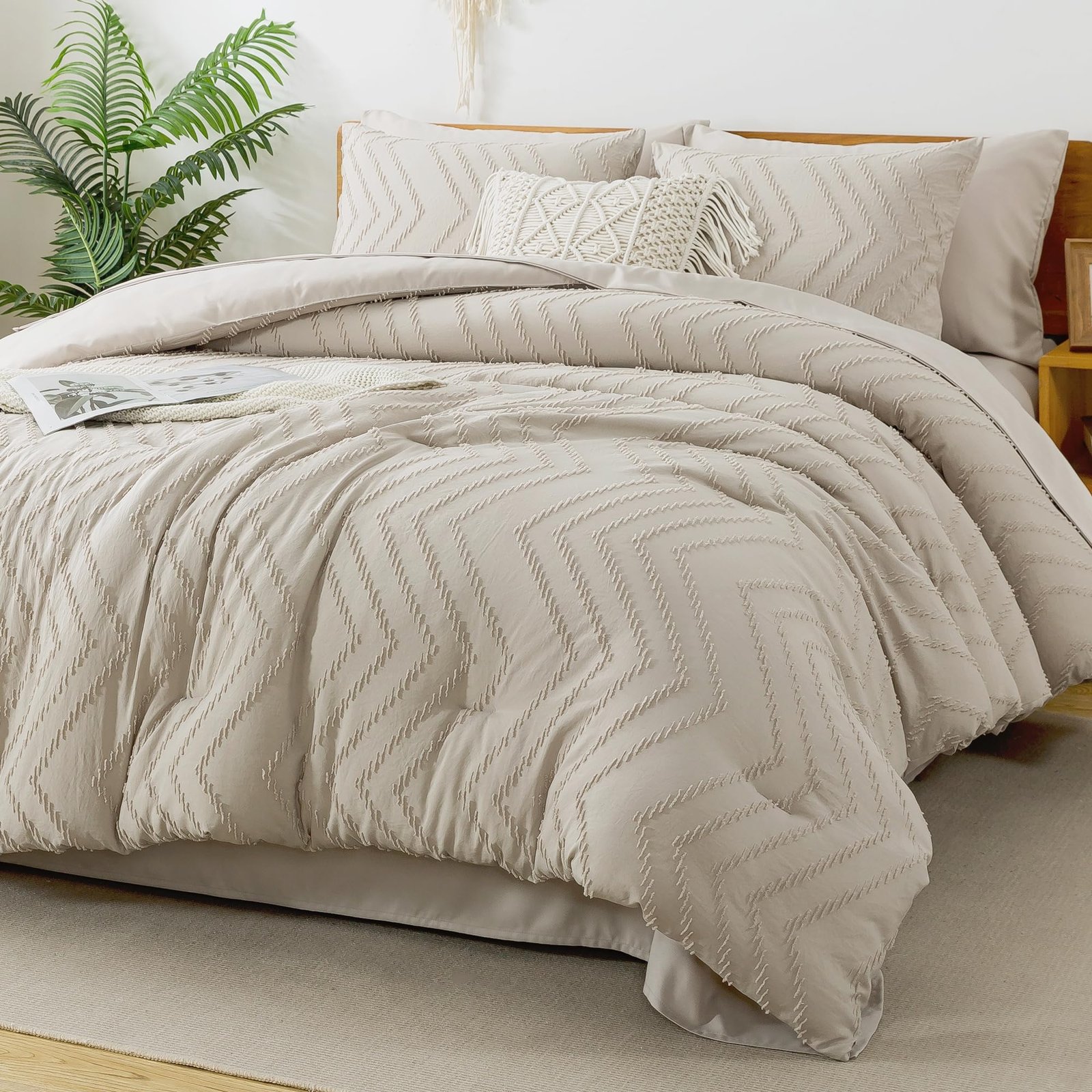 TODD GRIMES King Size Comforter Set with Sheets Beige - 7 Pieces Bed in a Bag King Chevron Tufted Boho Luxury Bedding Sets with Comforter, Sheets, Pillowcases & Shams - Image 48