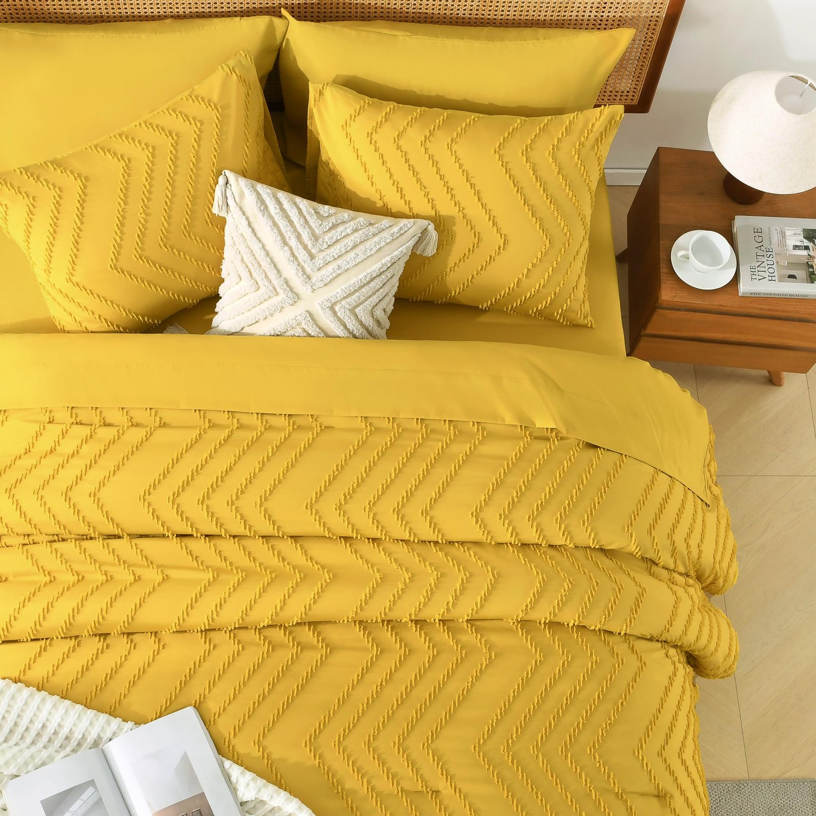 TODD GRIMES King Size Comforter Set with Sheets Beige - 7 Pieces Bed in a Bag King Chevron Tufted Boho Luxury Bedding Sets with Comforter, Sheets, Pillowcases & Shams - Image 44