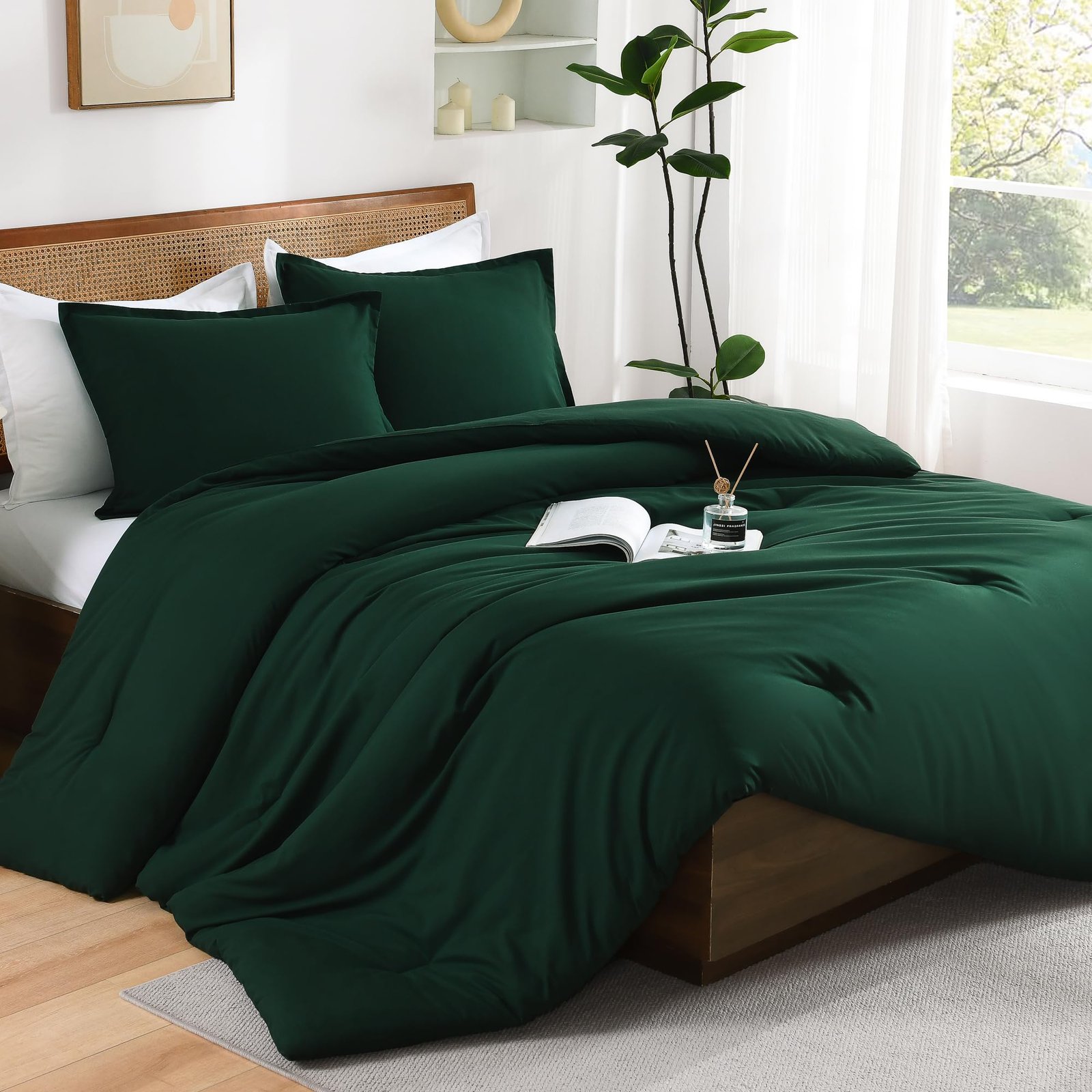 TODD GRIMES Dark Emerald Green Queen Size Comforter Set, 3 Pieces Forest Hunter Green Boho Solid Bedding Sets, Soft Cozy Lightweight Down Alternative All Season Bed Set - Image 9