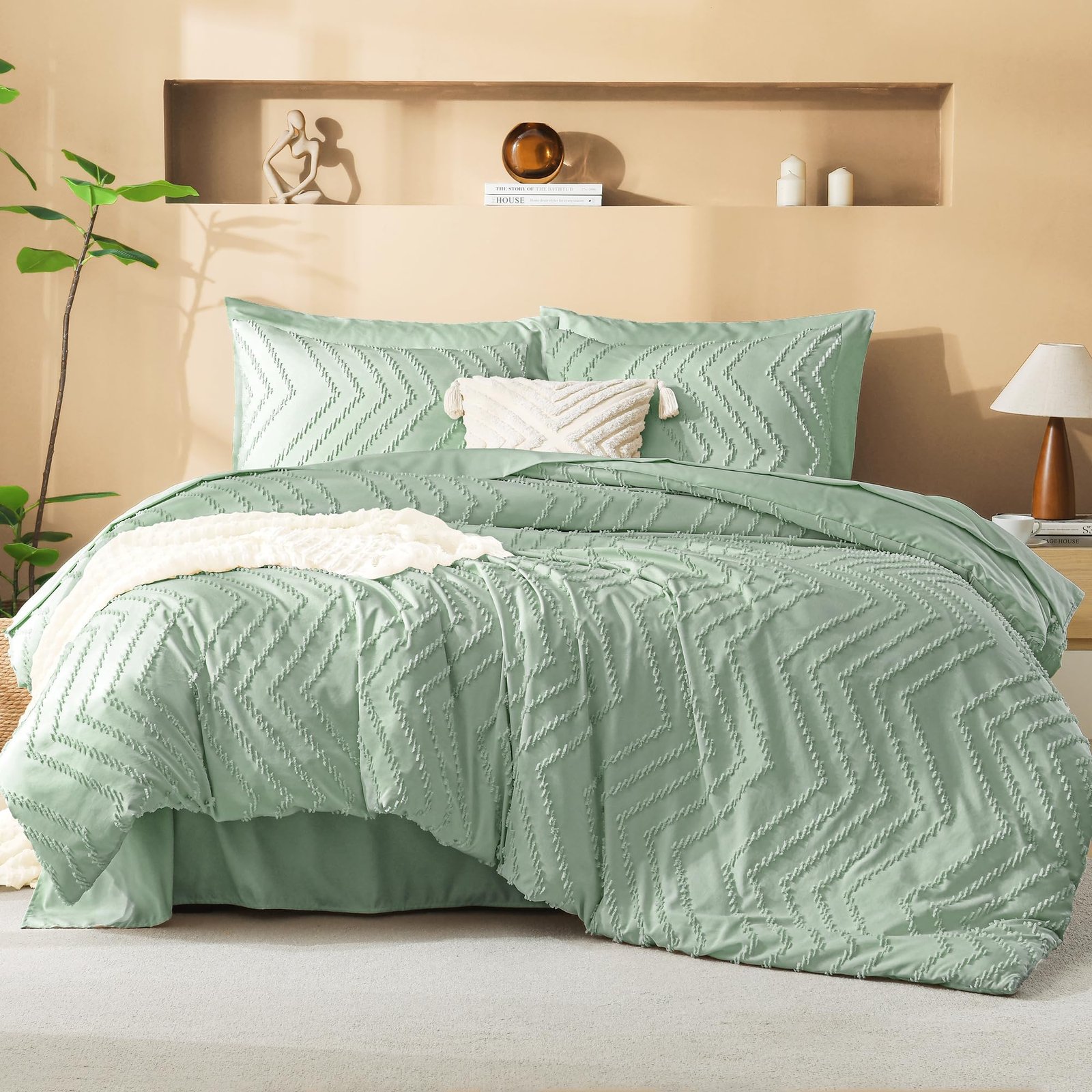 TODD GRIMES King Size Comforter Set with Sheets Beige - 7 Pieces Bed in a Bag King Chevron Tufted Boho Luxury Bedding Sets with Comforter, Sheets, Pillowcases & Shams - Image 80