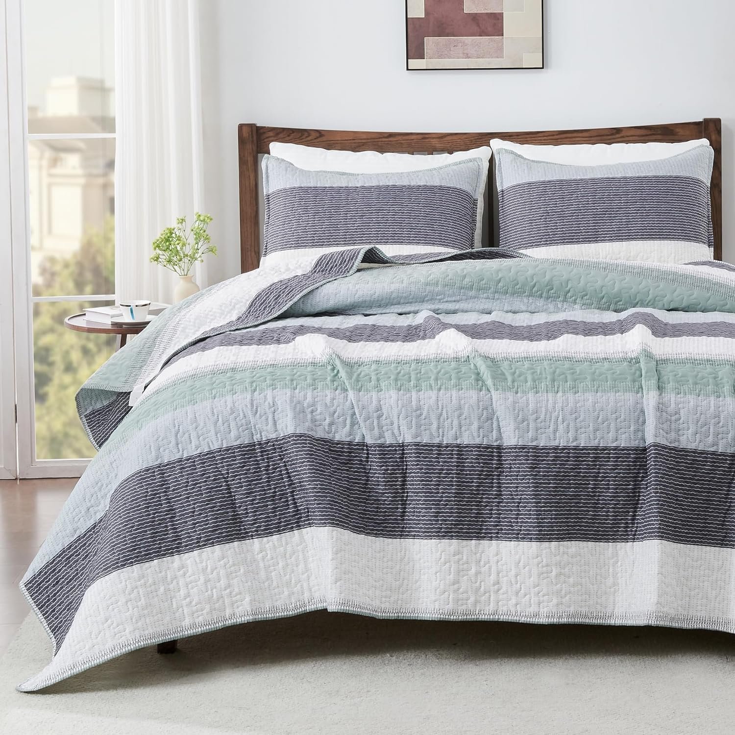 TODD GRIMES King Size Quilt Set Sage Green, 3 Pieces Mint Green Ultra Soft Lightweight Bedspreads & Coverlets Set, Patchwork Striped Quilted Bedding Sets for All Seasons (1 Quilt, 2 Pillow Shams) - Image 34
