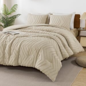 TODD GRIMES King Size Comforter Set Beige, Boho Cream Soft Warm Tufted Neutral Bedding Comforter Sets for King Size Bed, 3 Pieces Aesthetic Chevron Farmhouse Cute Bohemian Textured Bedding Set