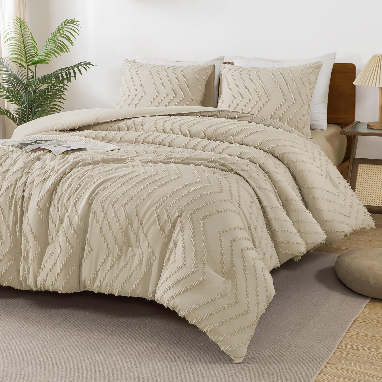 TODD GRIMES King Size Comforter Set Beige, Boho Cream Soft Warm Tufted Neutral Bedding Comforter Sets for King Size Bed, 3 Pieces Aesthetic Chevron Farmhouse Cute Bohemian Textured Bedding Set