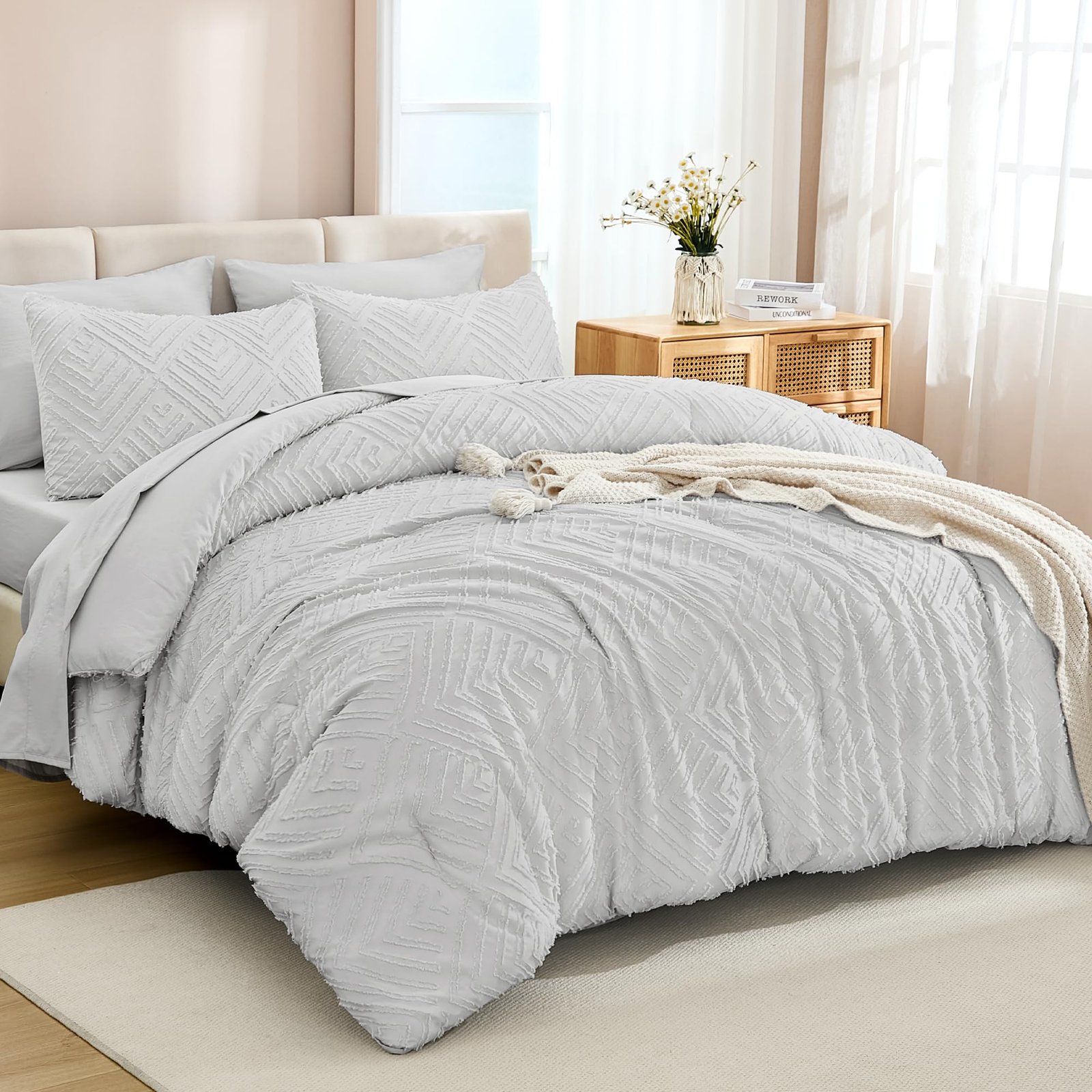 TODD GRIMES King Size Comforter Set 7 Pieces Dark Emerald Green - Bed in a Bag King Boho Lightweight Fluffy Tufted Bedding Sets with Quilt Comforter, Sheets, Pillowcases & Shams - Image 10