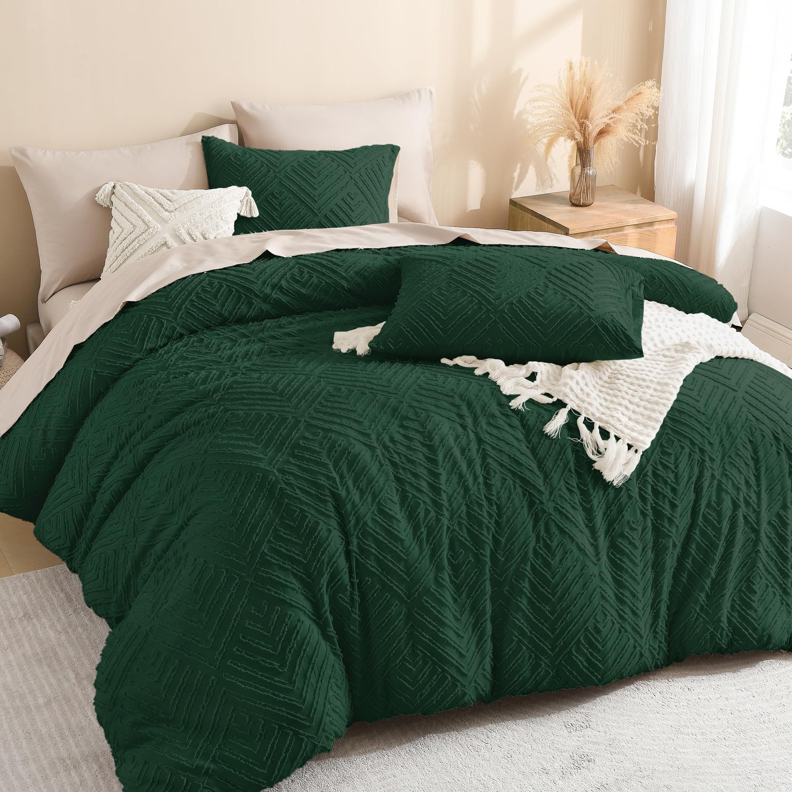 TODD GRIMES Comforter King Size Set Oatmeal, 3 Pieces Boho Tufted Farmhouse Bedding Comforter Sets, Lightweight Fluffy Comforter Bed Set for All Season (104x90In Comforter and 2 Pillowcases) - Image 3