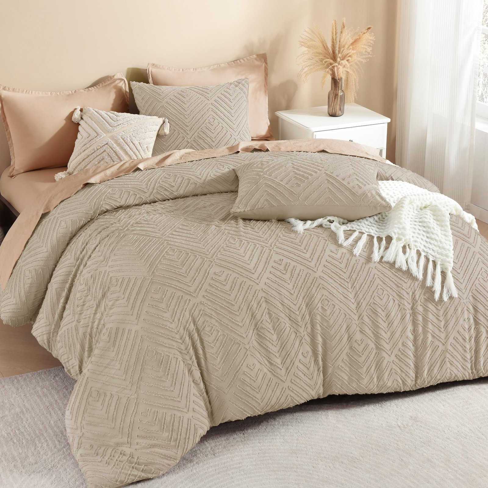 TODD GRIMES Comforter King Size Set Oatmeal, 3 Pieces Boho Tufted Farmhouse Bedding Comforter Sets, Lightweight Fluffy Comforter Bed Set for All Season (104x90In Comforter and 2 Pillowcases) - Image 17