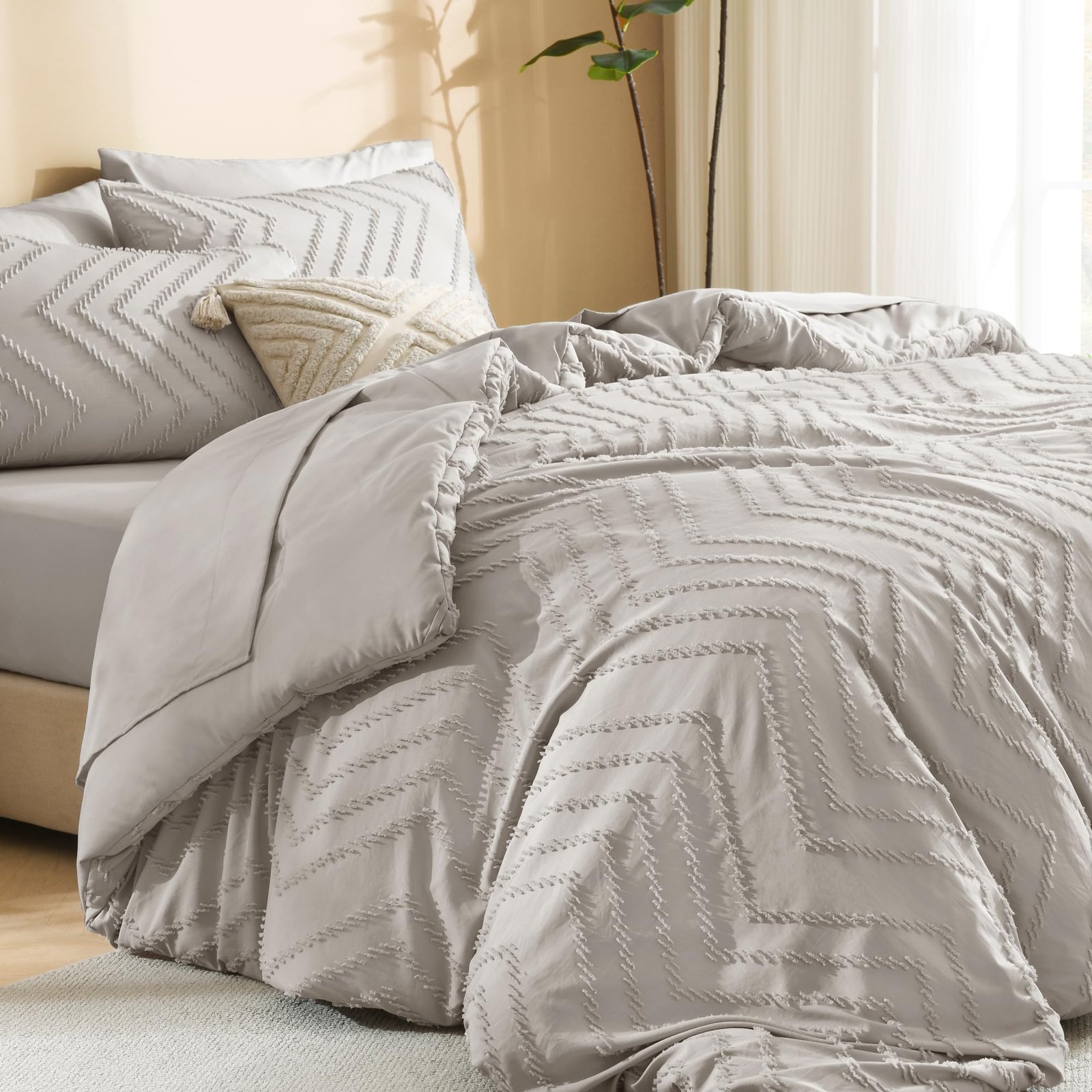 TODD GRIMES King Size Comforter Set with Sheets Beige - 7 Pieces Bed in a Bag King Chevron Tufted Boho Luxury Bedding Sets with Comforter, Sheets, Pillowcases & Shams - Image 106