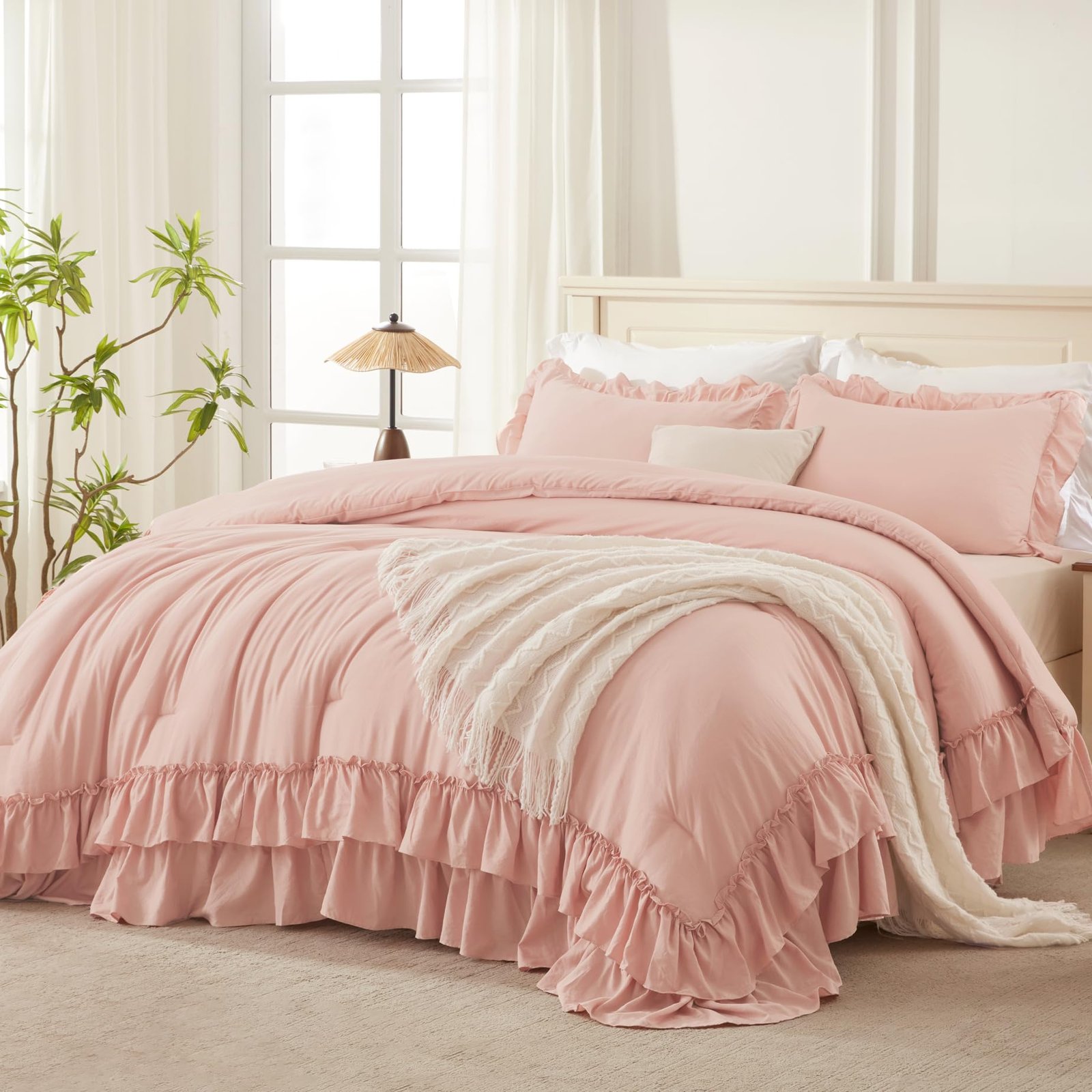 TODD GRIMES White Comforter Set Queen Size, Lightweight Fluffy Farmhouse White Ruffle Bedding Set, Soft Microfiber All Season Shabby Chic Bed Comforter Set 3 Pieces(1 Ruffle Comforter 2 Pillowcases) - Image 7