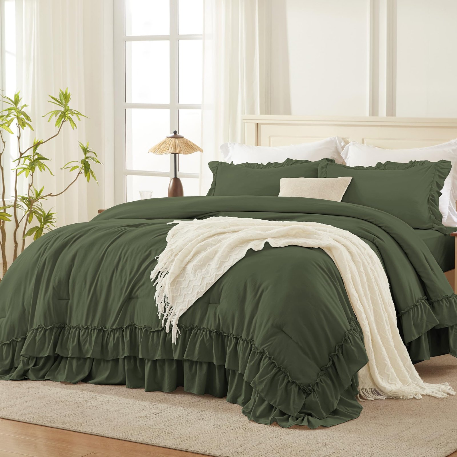TODD GRIMES White Comforter Set Queen Size, Lightweight Fluffy Farmhouse White Ruffle Bedding Set, Soft Microfiber All Season Shabby Chic Bed Comforter Set 3 Pieces(1 Ruffle Comforter 2 Pillowcases) - Image 20