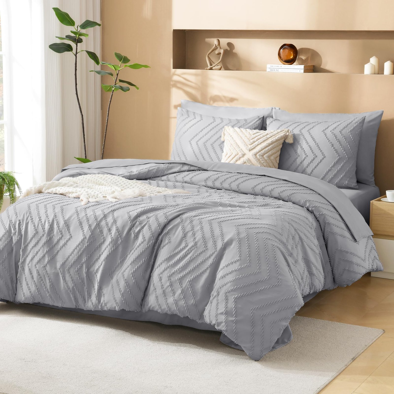 TODD GRIMES King Size Comforter Set with Sheets Beige - 7 Pieces Bed in a Bag King Chevron Tufted Boho Luxury Bedding Sets with Comforter, Sheets, Pillowcases & Shams - Image 110