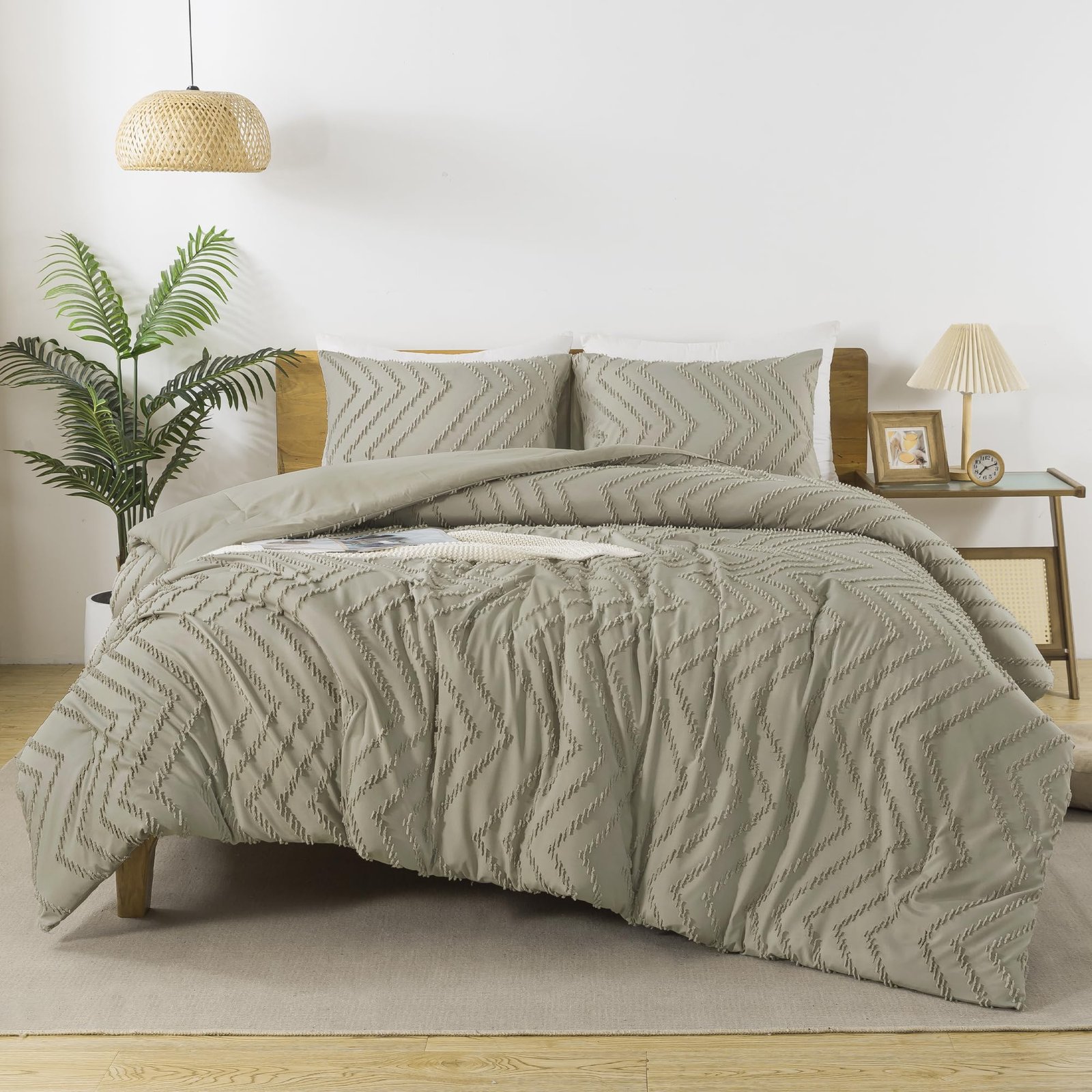 TODD GRIMES King Size Comforter Set Beige, Boho Cream Soft Warm Tufted Neutral Bedding Comforter Sets for King Size Bed, 3 Pieces Aesthetic Chevron Farmhouse Cute Bohemian Textured Bedding Set - Image 6