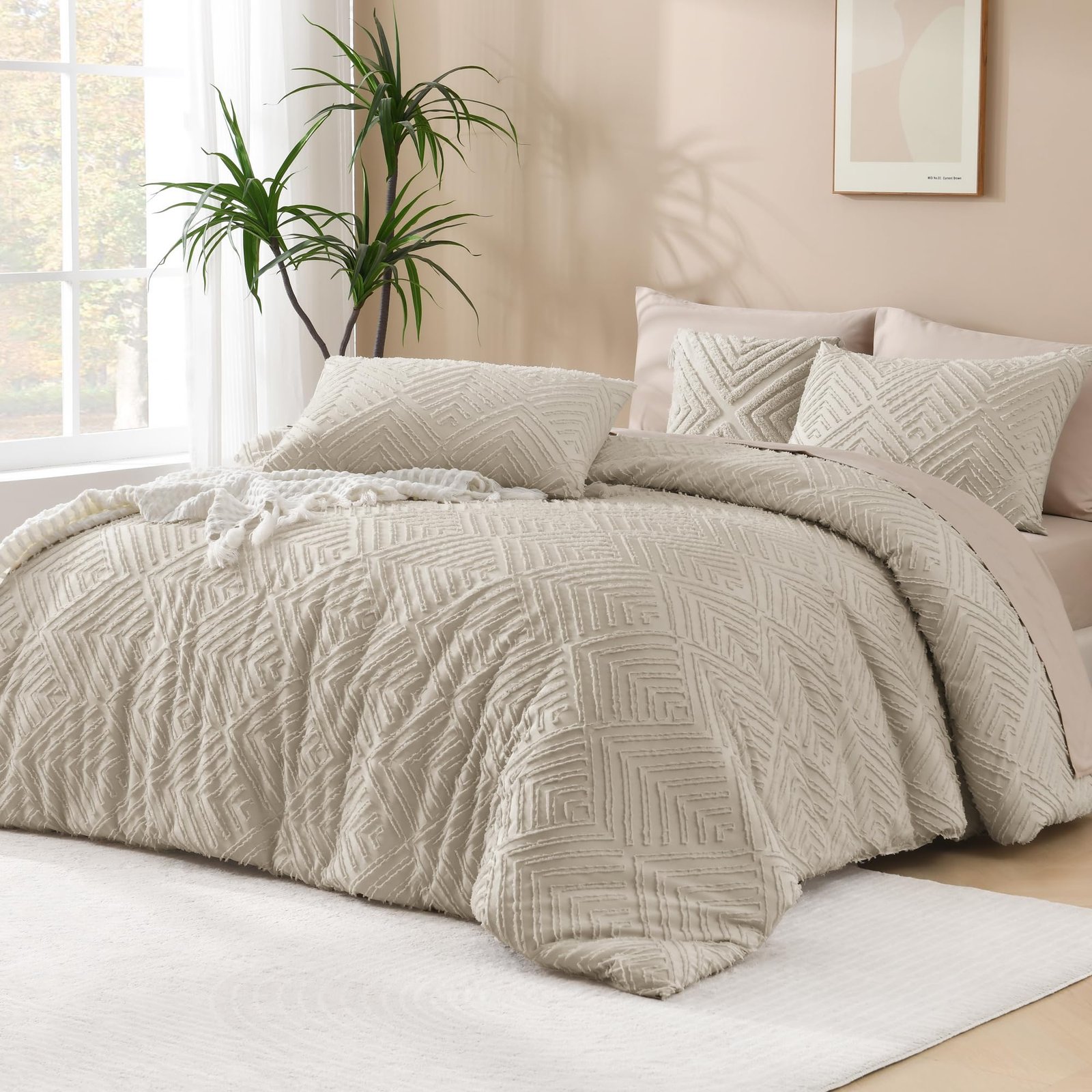 TODD GRIMES King Size Comforter Set Beige, 3 Pieces Boho King Bedding Comforter Set Cream, All Season Soft Lightweight Tufted Textured Down Alternative Comforter Fluffy Bed Set - Image 3