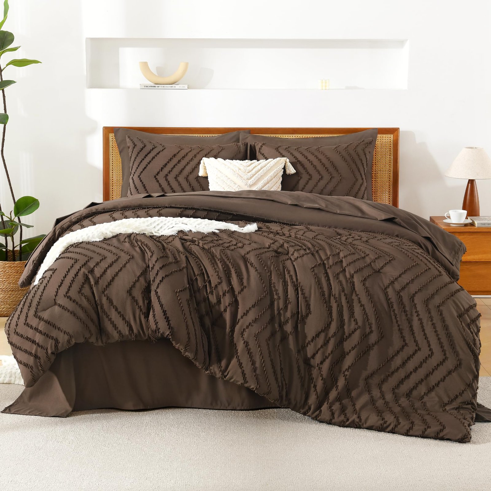 TODD GRIMES King Size Comforter Set with Sheets Beige - 7 Pieces Bed in a Bag King Chevron Tufted Boho Luxury Bedding Sets with Comforter, Sheets, Pillowcases & Shams - Image 105