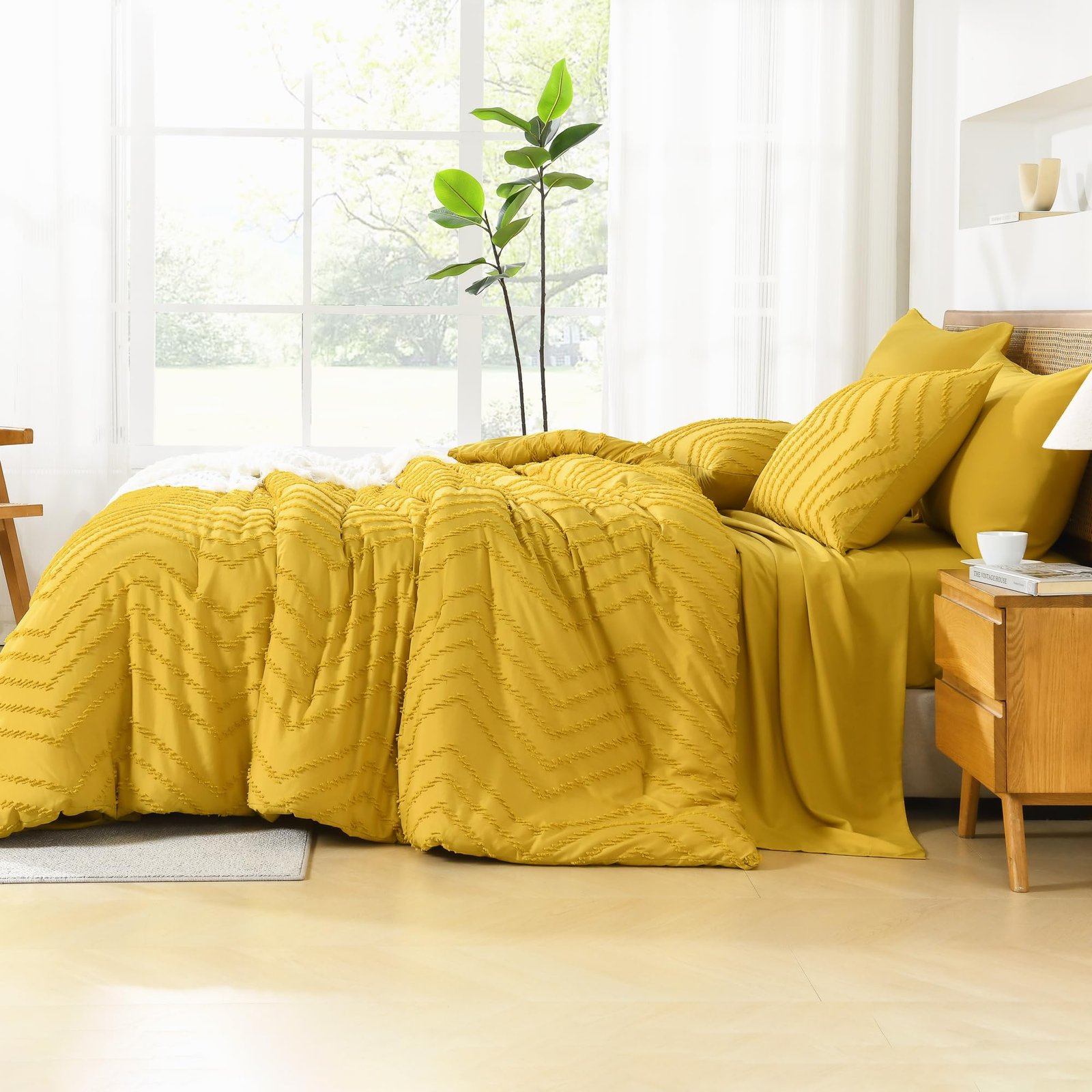 TODD GRIMES King Size Comforter Set with Sheets Beige - 7 Pieces Bed in a Bag King Chevron Tufted Boho Luxury Bedding Sets with Comforter, Sheets, Pillowcases & Shams - Image 46
