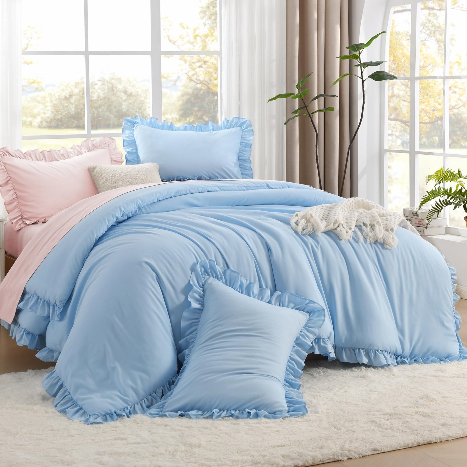 TODD GRIMES Full Size Comforter Sets, 3 Pieces Blush Pink Ruffle Girls Women Cute Bedding Comforters & Sets, Lightweight Fluffy Microfiber as Gift (79x90In Comforter & 2 Pillowcases) - Image 4