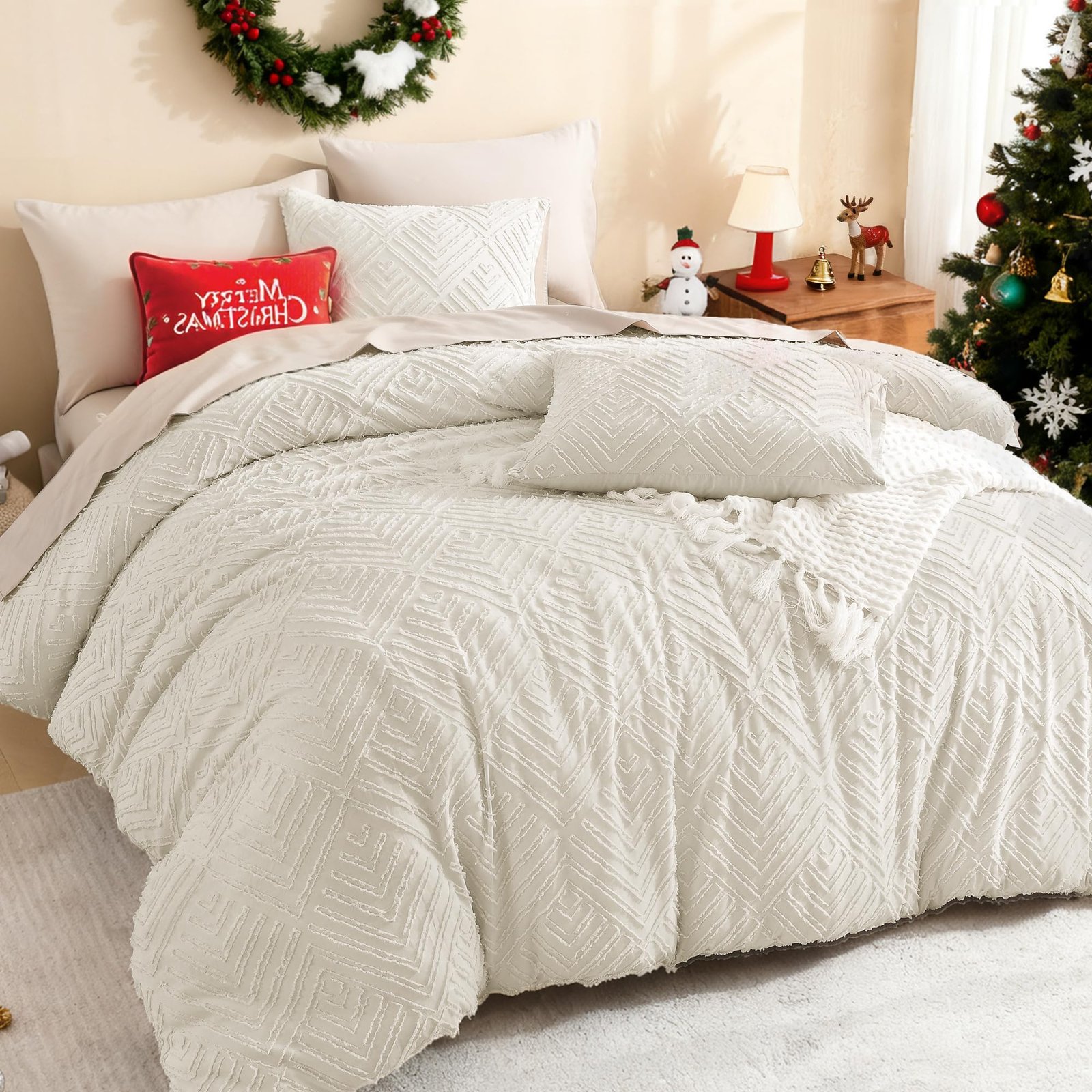 TODD GRIMES Comforter King Size Set Oatmeal, 3 Pieces Boho Tufted Farmhouse Bedding Comforter Sets, Lightweight Fluffy Comforter Bed Set for All Season (104x90In Comforter and 2 Pillowcases) - Image 30