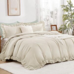TODD GRIMES Gingham Duvet Cover Queen, Tan Brown Ruffle Farmhouse Shabby Chic Duvet Cover, 3 Pieces Soft Pre-Washed Microfiber Duvet Cover Set with Zipper Closure & Corner Ties, 90x90Inch
