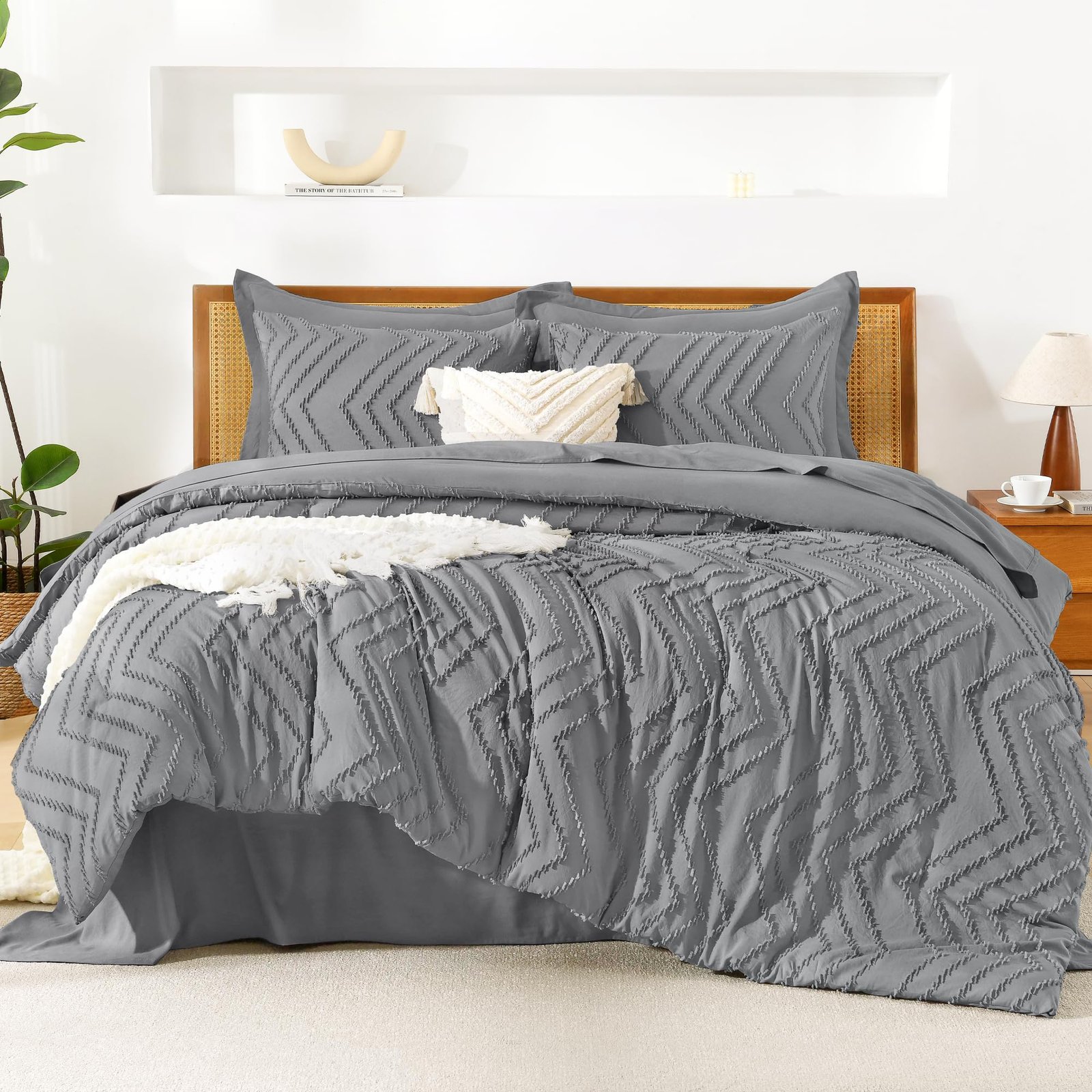 TODD GRIMES King Size Comforter Set with Sheets Beige - 7 Pieces Bed in a Bag King Chevron Tufted Boho Luxury Bedding Sets with Comforter, Sheets, Pillowcases & Shams - Image 64