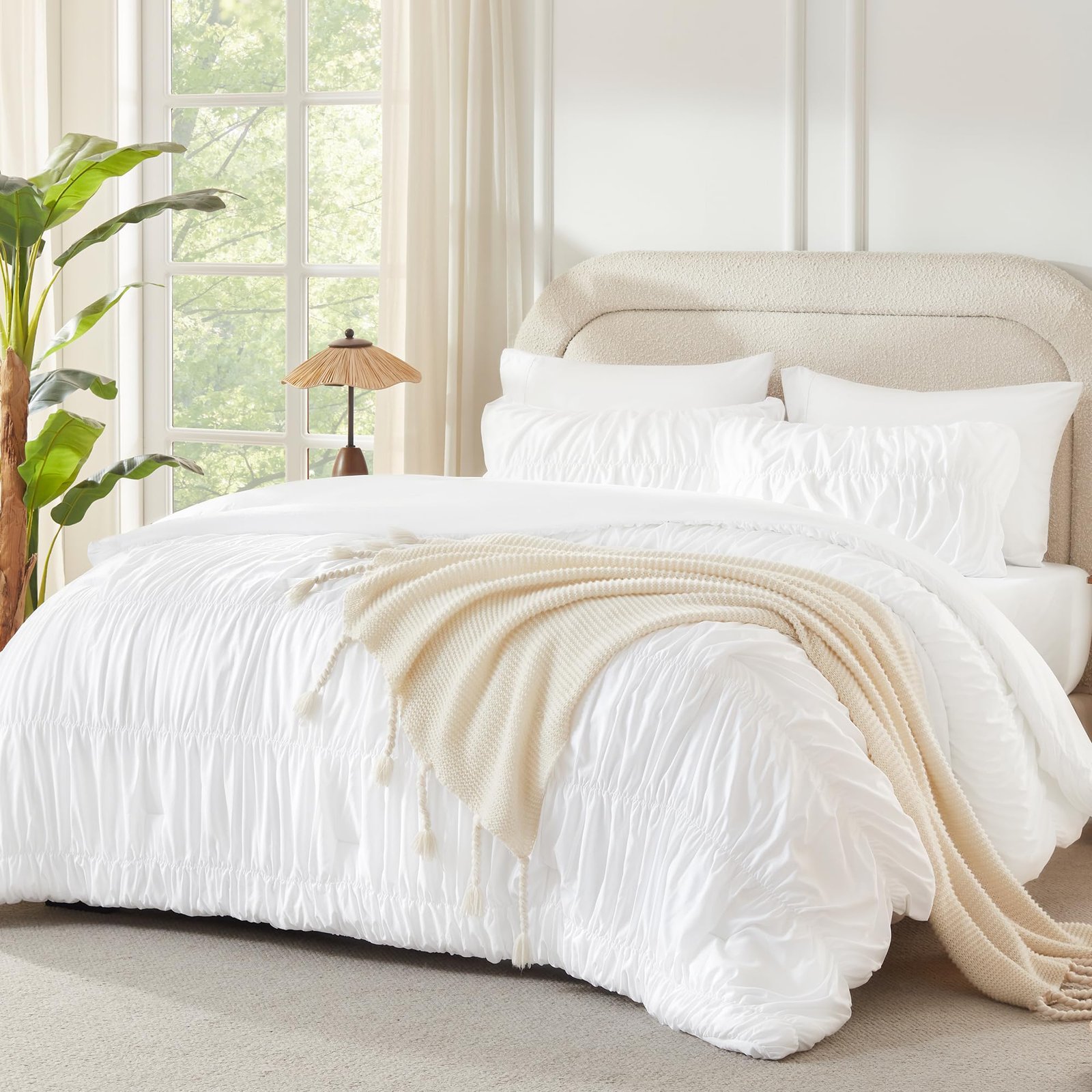 TODD GRIMES Ruched Beige Queen Comforter Set, Shabby Chic Pleated Bedding Sets 3 Pieces, Lightweight Soft Boho Ruffle Bed Set for Girls, Kids, Women, All Season - Image 7