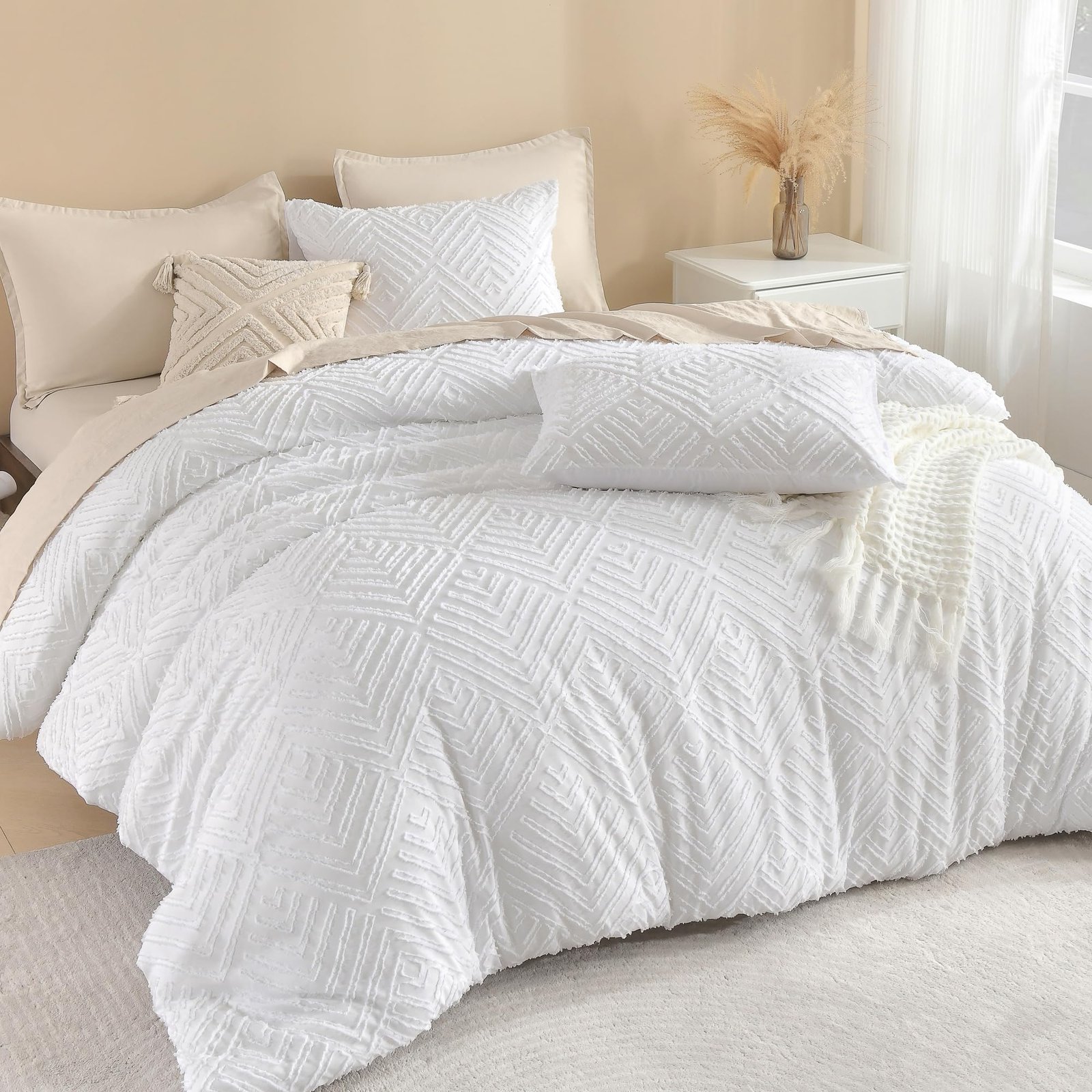 TODD GRIMES Comforter King Size Set Oatmeal, 3 Pieces Boho Tufted Farmhouse Bedding Comforter Sets, Lightweight Fluffy Comforter Bed Set for All Season (104x90In Comforter and 2 Pillowcases) - Image 21