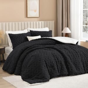 TODD GRIMES Fluffy Sherpa King Comforter Set, Super Soft Khaki Fleece Warm Bedding for Winter, Luxury Jacquard Boho Thick Fuzzy Plush Bed Set 3 Pieces(1 Shaggy Comforter, 2 Pillowcases)