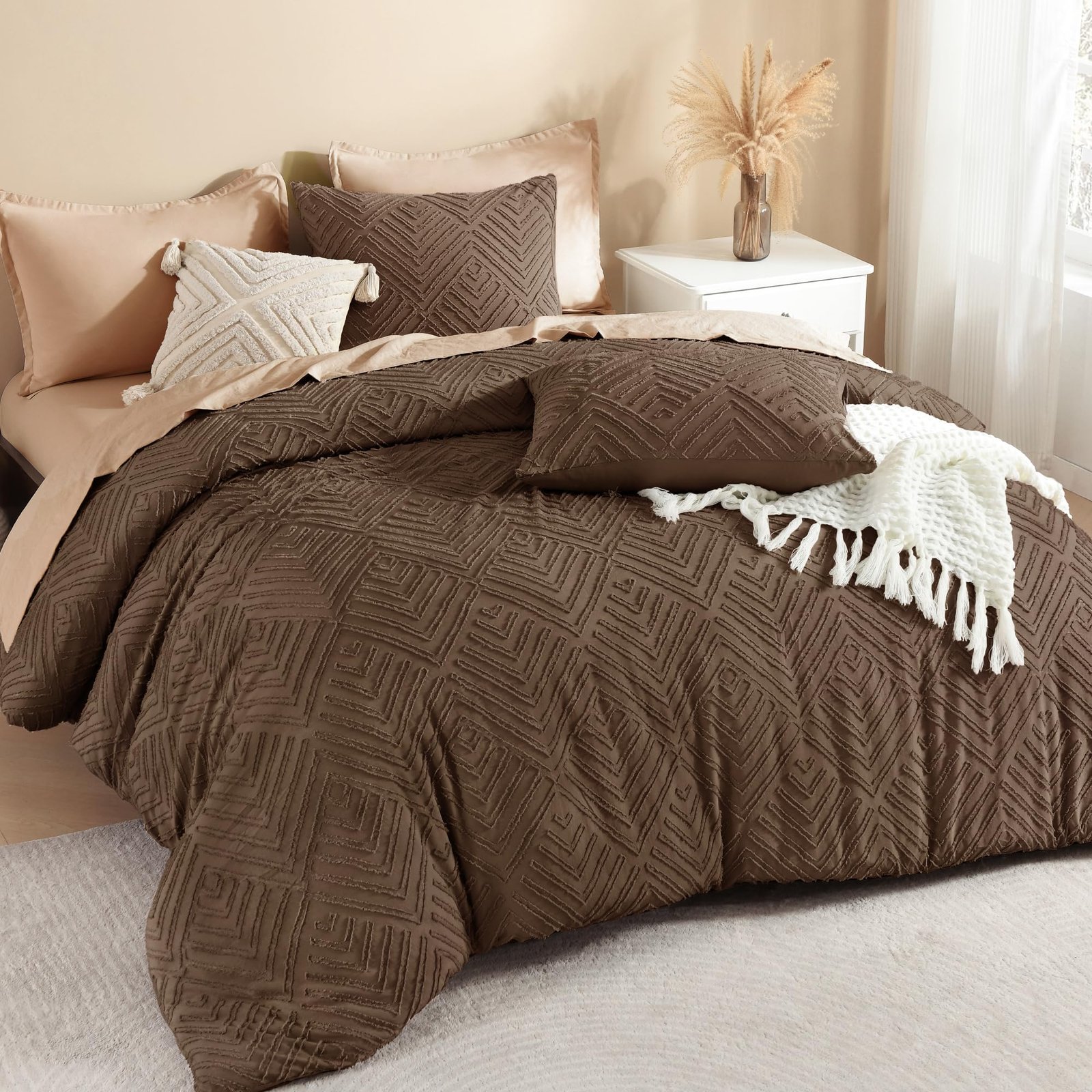 TODD GRIMES Comforter King Size Set Oatmeal, 3 Pieces Boho Tufted Farmhouse Bedding Comforter Sets, Lightweight Fluffy Comforter Bed Set for All Season (104x90In Comforter and 2 Pillowcases) - Image 8