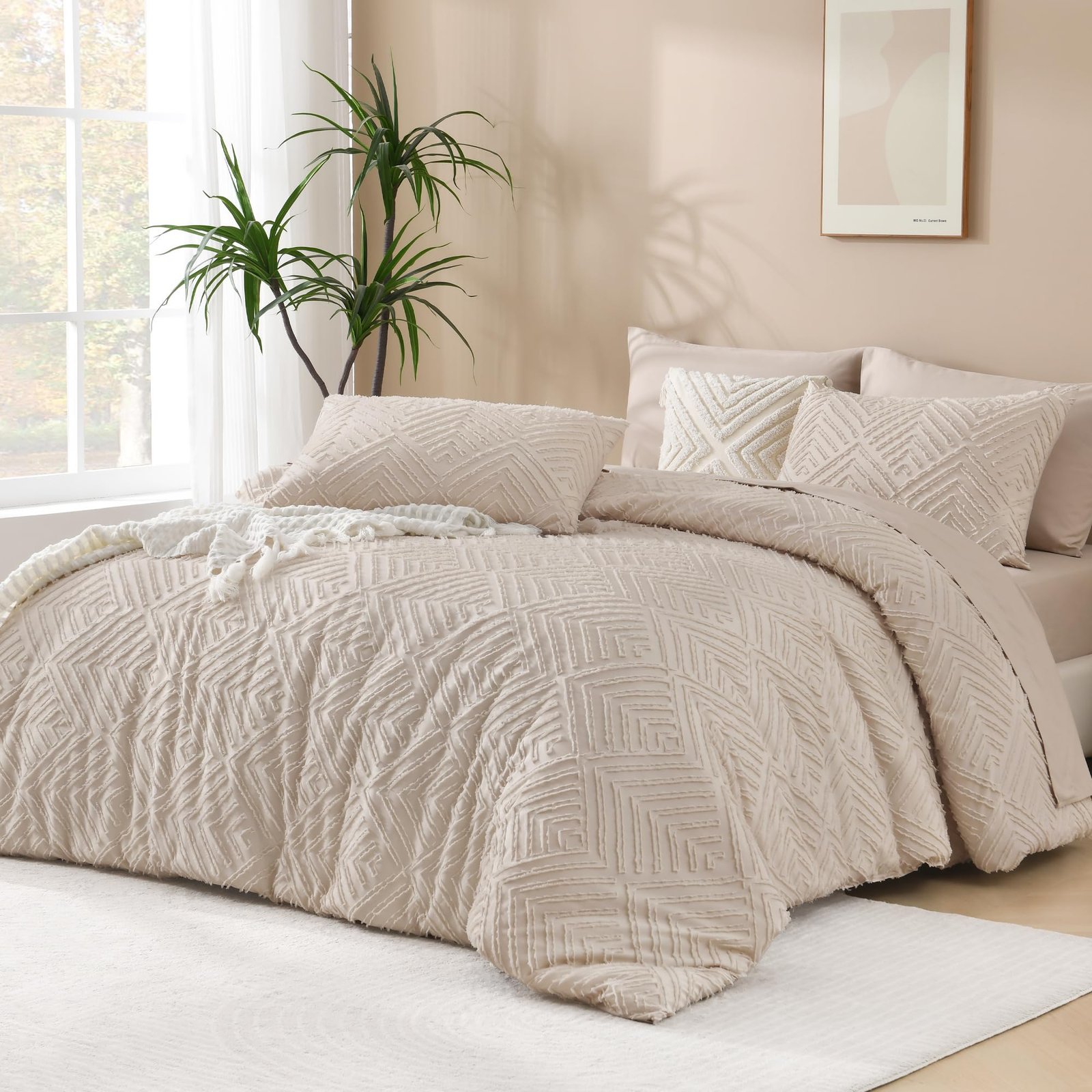 TODD GRIMES King Size Comforter Set Beige, 3 Pieces Boho King Bedding Comforter Set Cream, All Season Soft Lightweight Tufted Textured Down Alternative Comforter Fluffy Bed Set - Image 12