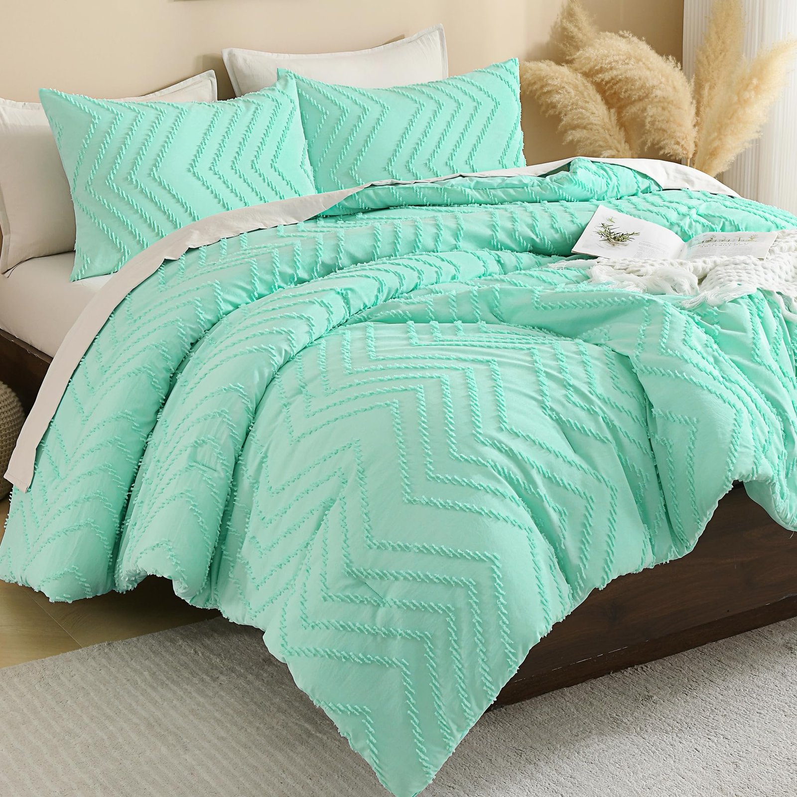 TODD GRIMES King Size Comforter Set Beige, Boho Cream Soft Warm Tufted Neutral Bedding Comforter Sets for King Size Bed, 3 Pieces Aesthetic Chevron Farmhouse Cute Bohemian Textured Bedding Set - Image 2