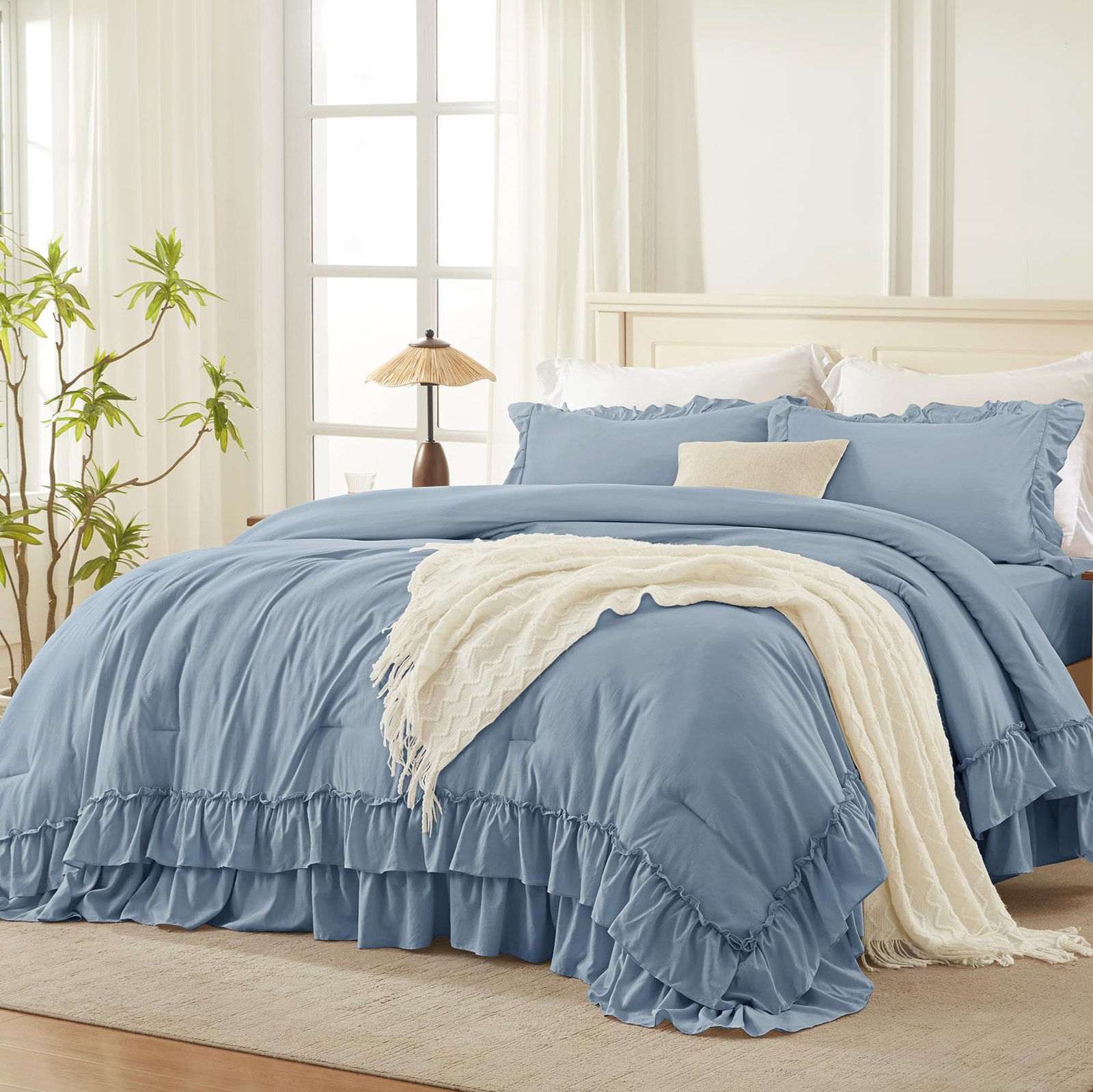 TODD GRIMES White Comforter Set Queen Size, Lightweight Fluffy Farmhouse White Ruffle Bedding Set, Soft Microfiber All Season Shabby Chic Bed Comforter Set 3 Pieces(1 Ruffle Comforter 2 Pillowcases) - Image 10