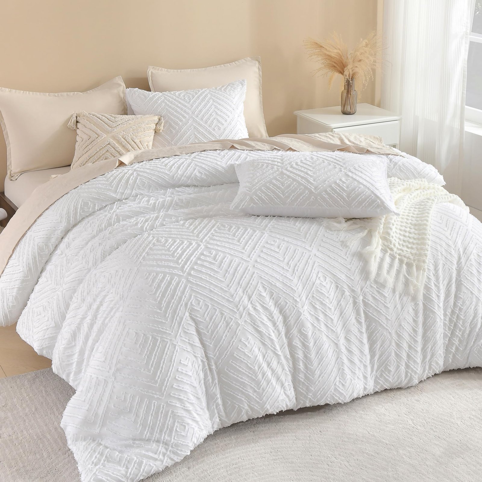 TODD GRIMES Comforter King Size Set Oatmeal, 3 Pieces Boho Tufted Farmhouse Bedding Comforter Sets, Lightweight Fluffy Comforter Bed Set for All Season (104x90In Comforter and 2 Pillowcases) - Image 11