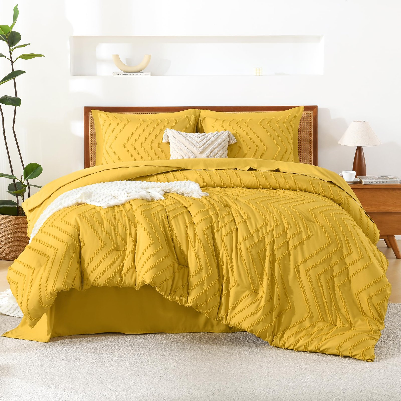 TODD GRIMES King Size Comforter Set with Sheets Beige - 7 Pieces Bed in a Bag King Chevron Tufted Boho Luxury Bedding Sets with Comforter, Sheets, Pillowcases & Shams - Image 41