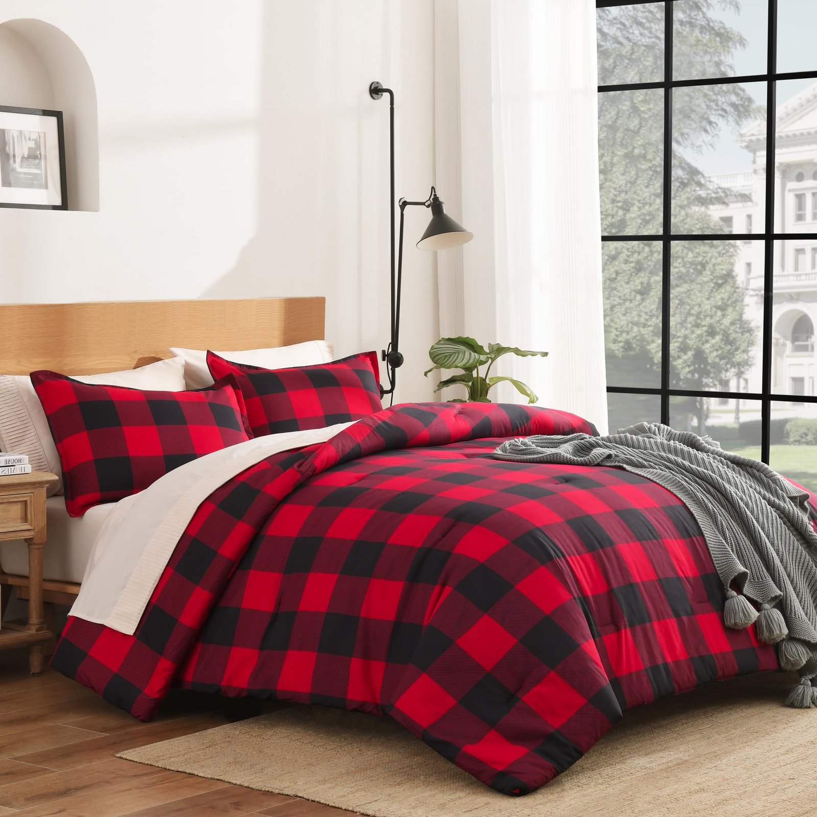 TODD GRIMES Red and Black Plaid Comforter Set King(104x90Inch), 3 Pieces Buffalo Plaid Checkered Gingham Bedding Comforter Sets, Soft Burgundy Lightweight Geometric Down Alternative Bed Set - Image 2