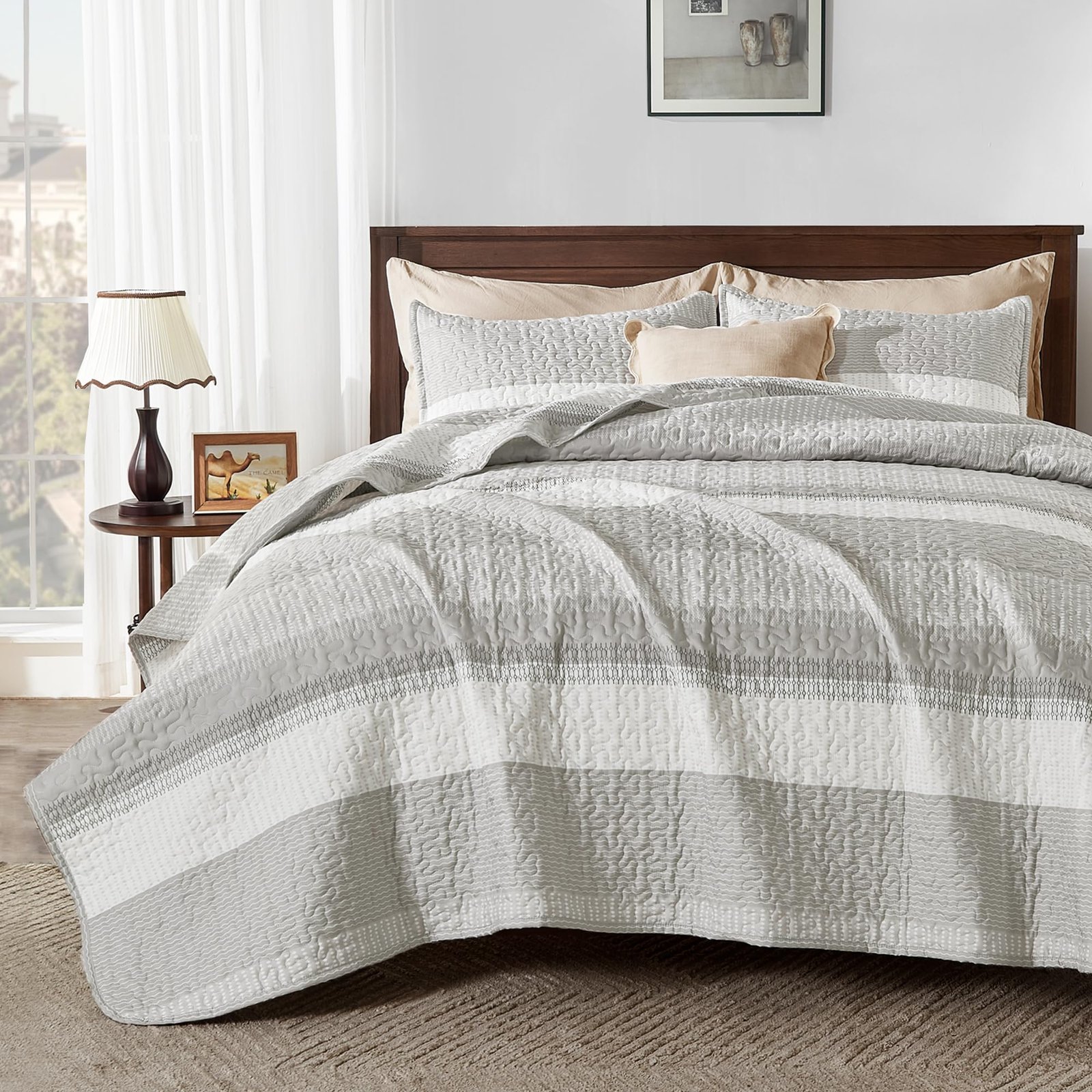 TODD GRIMES King Size Quilt Set Sage Green, 3 Pieces Mint Green Ultra Soft Lightweight Bedspreads & Coverlets Set, Patchwork Striped Quilted Bedding Sets for All Seasons (1 Quilt, 2 Pillow Shams) - Image 10
