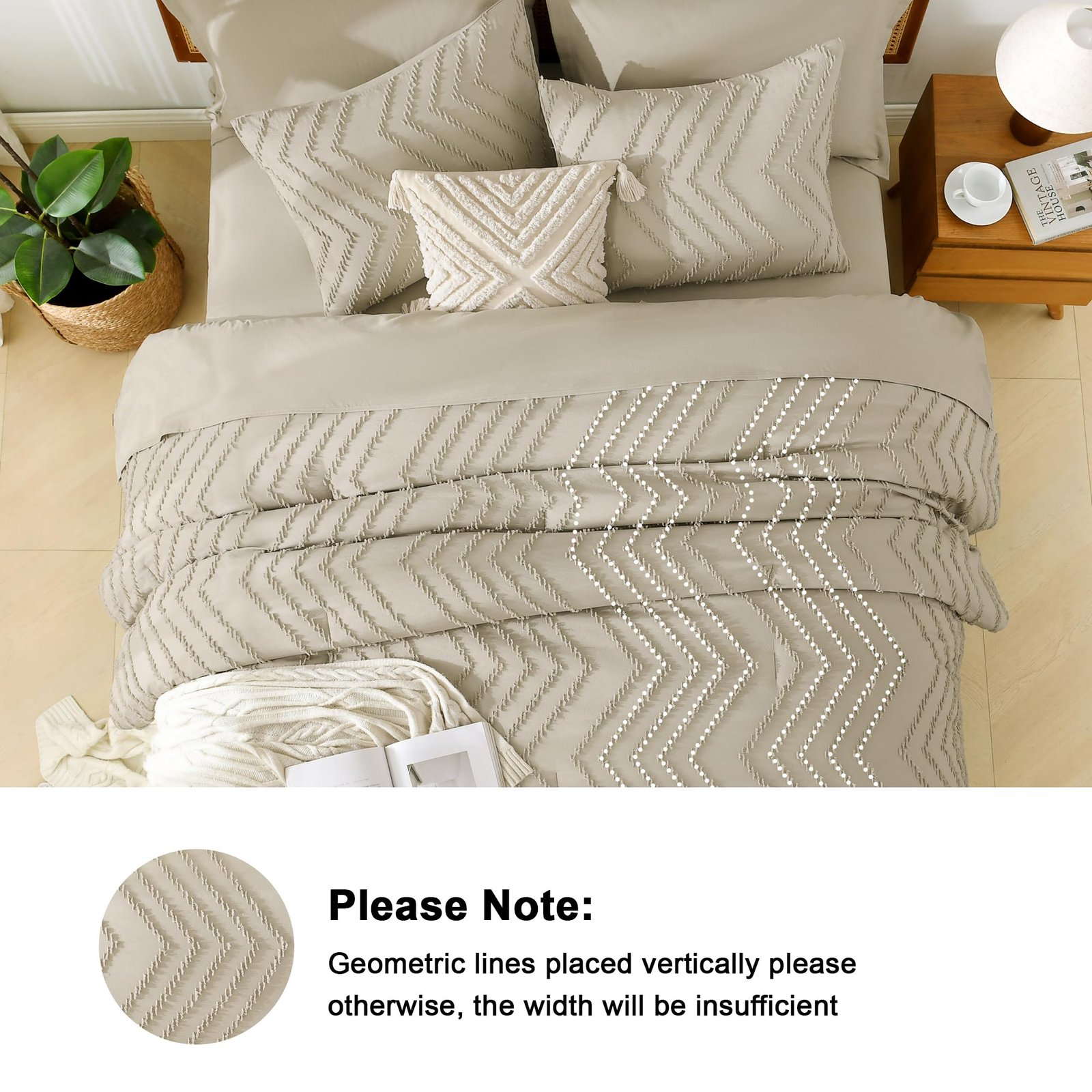 TODD GRIMES King Size Comforter Set with Sheets Beige - 7 Pieces Bed in a Bag King Chevron Tufted Boho Luxury Bedding Sets with Comforter, Sheets, Pillowcases & Shams - Image 109