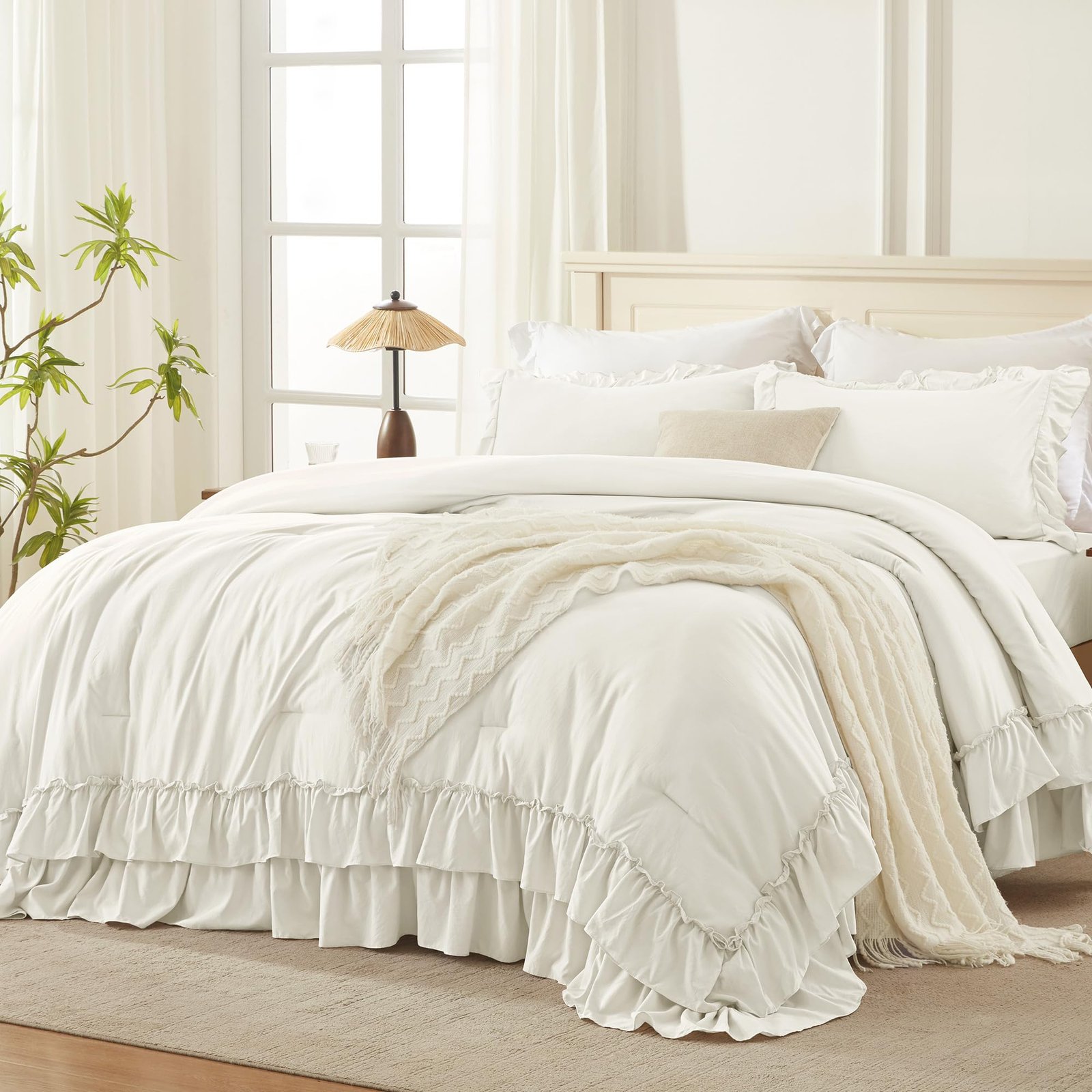 TODD GRIMES White Comforter Set Queen Size, Lightweight Fluffy Farmhouse White Ruffle Bedding Set, Soft Microfiber All Season Shabby Chic Bed Comforter Set 3 Pieces(1 Ruffle Comforter 2 Pillowcases) - Image 3