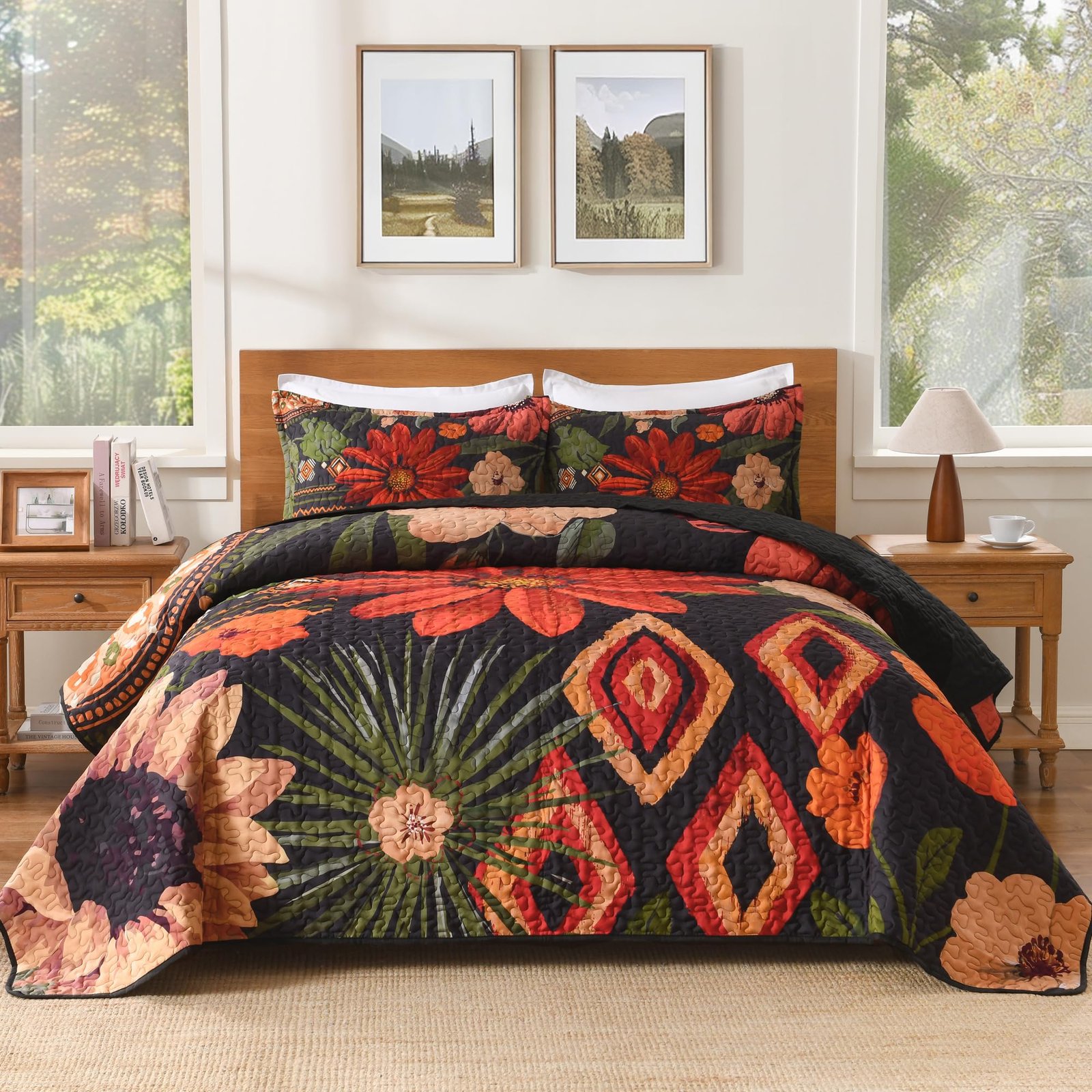 TODD GRIMES Floral Boho Quilt King Size Bedding Set Black, 3 Pieces Farmhouse Flower Botanical Summer Bedspreads with 2 Shams, Soft Reversible Lightweight Microfiber Coverlet Set for All Season, 106 - Image 5