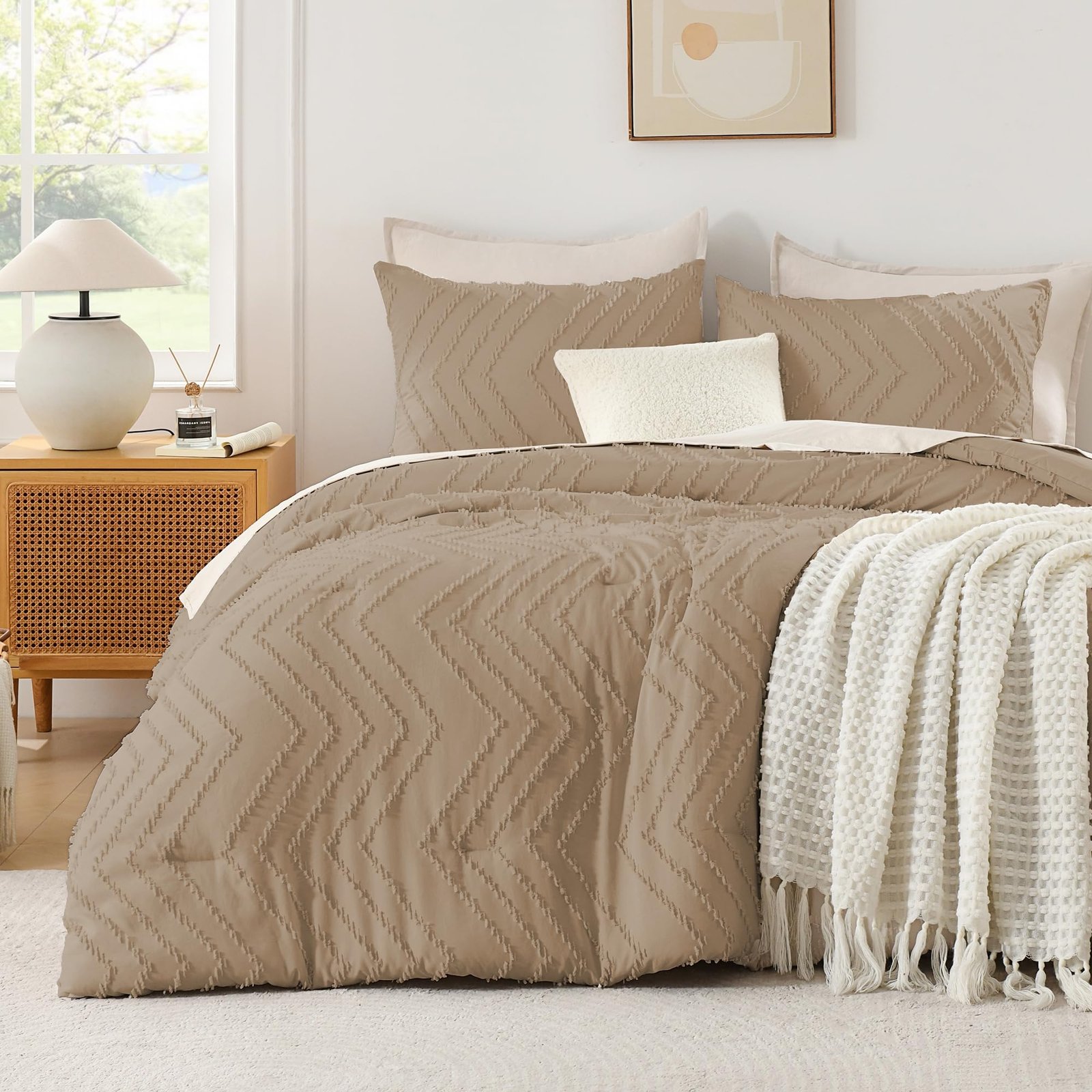 TODD GRIMES King Size Comforter Set Beige, Boho Cream Soft Warm Tufted Neutral Bedding Comforter Sets for King Size Bed, 3 Pieces Aesthetic Chevron Farmhouse Cute Bohemian Textured Bedding Set - Image 9