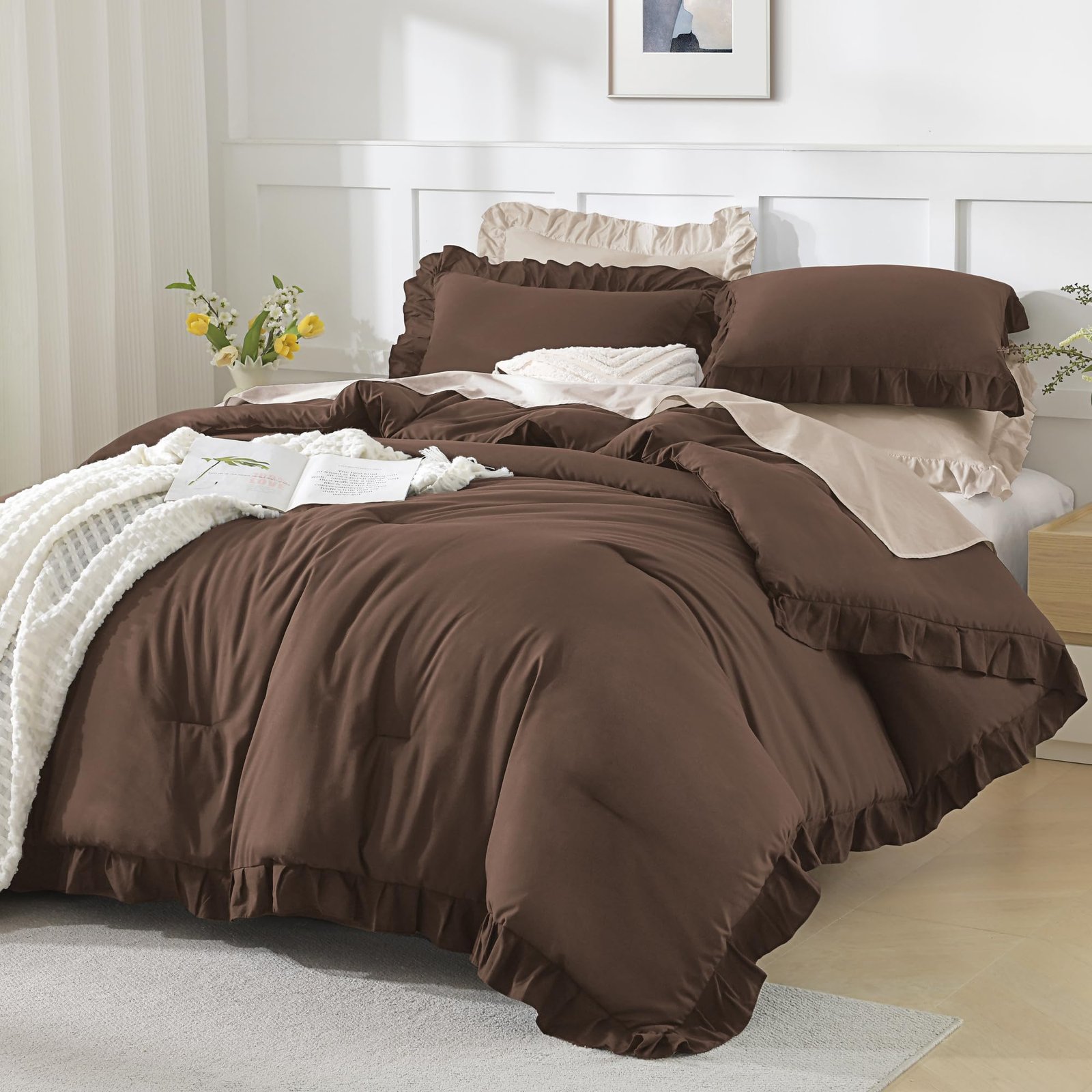 TODD GRIMES White Comforter Queen Size, 3 Pieces Ruffle Shabby Chic Farmhouse Queen Comforter Sets, All Season Lightweight Fluffy Room Decor Bed Set for Girls Women Teens Gift Choice - Image 28